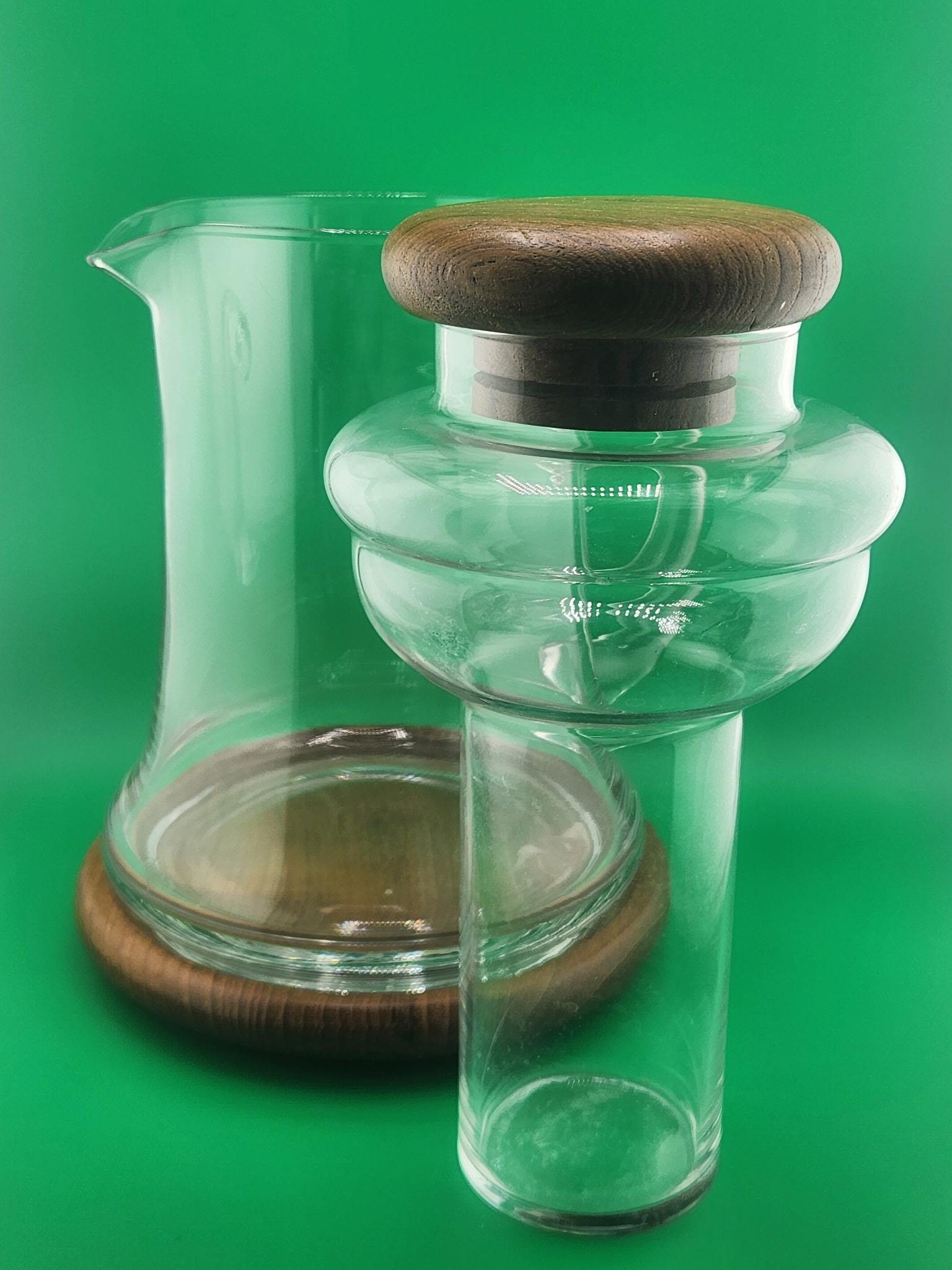 Vintage Mid Century Modern Glass Carafe with Teak Base Baker Hart and Stuart Barware