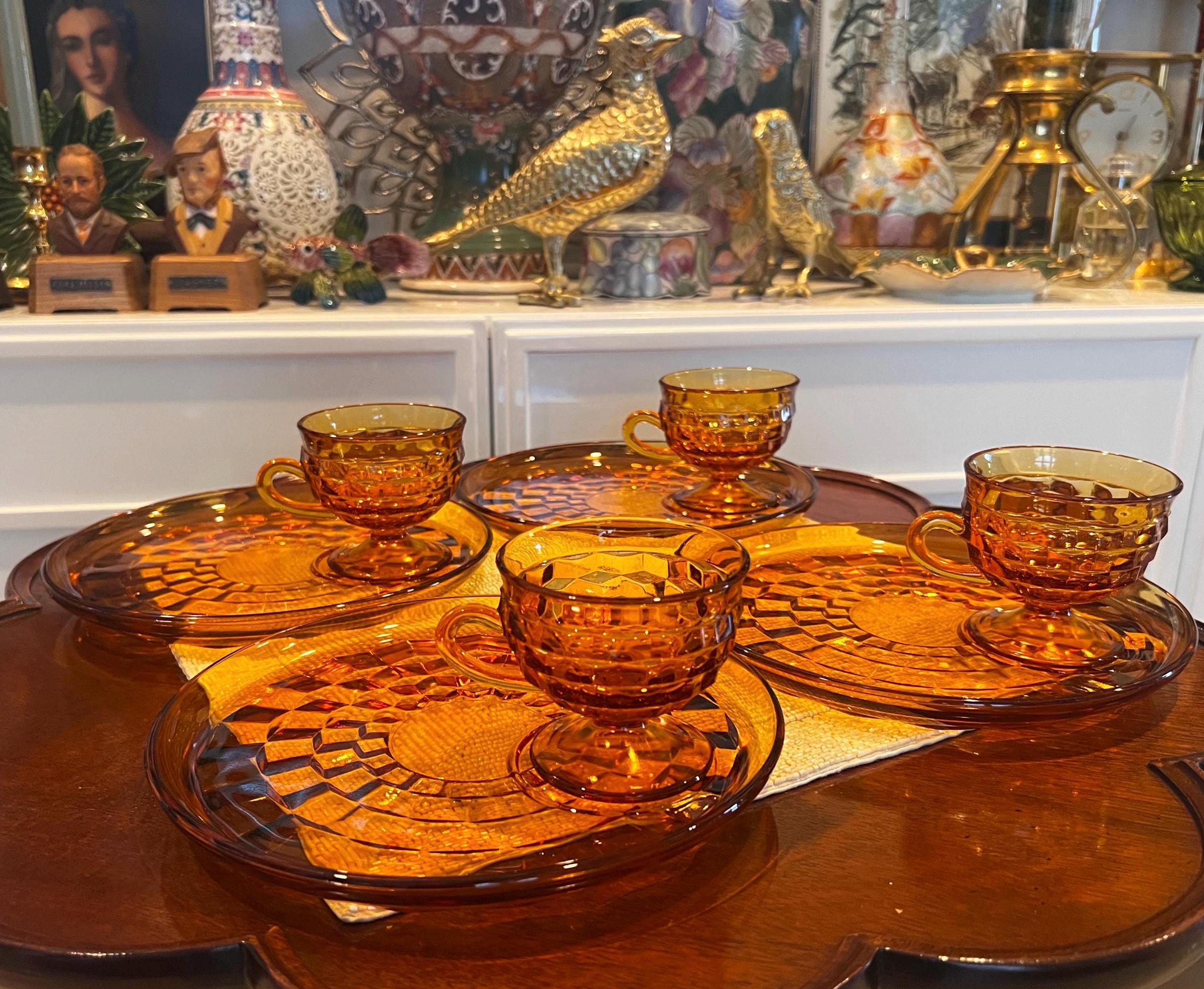 Vintage Indiana Glass Amber Snack Set (4) | Mid Century Honeycomb Pressed Glass Coffee Cups & Luncheon Plates | Retro 1970s Dessert Set