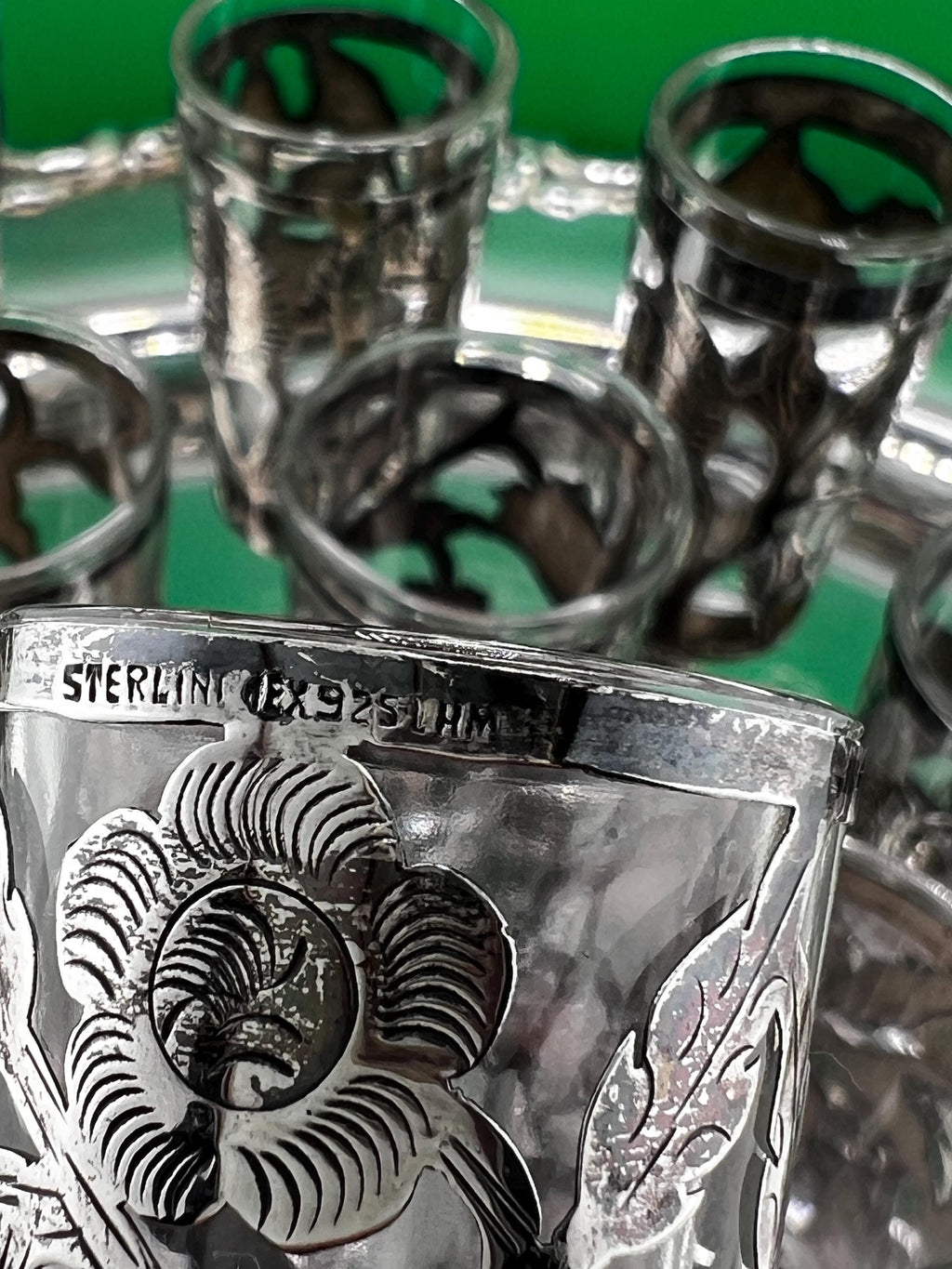 15 Pc Sterling Silver Cordial Glass Set 13 Cordials 925 + Salt Pepper Overlay Floral Cutwork Vintage Mid Century Barware shot glasses