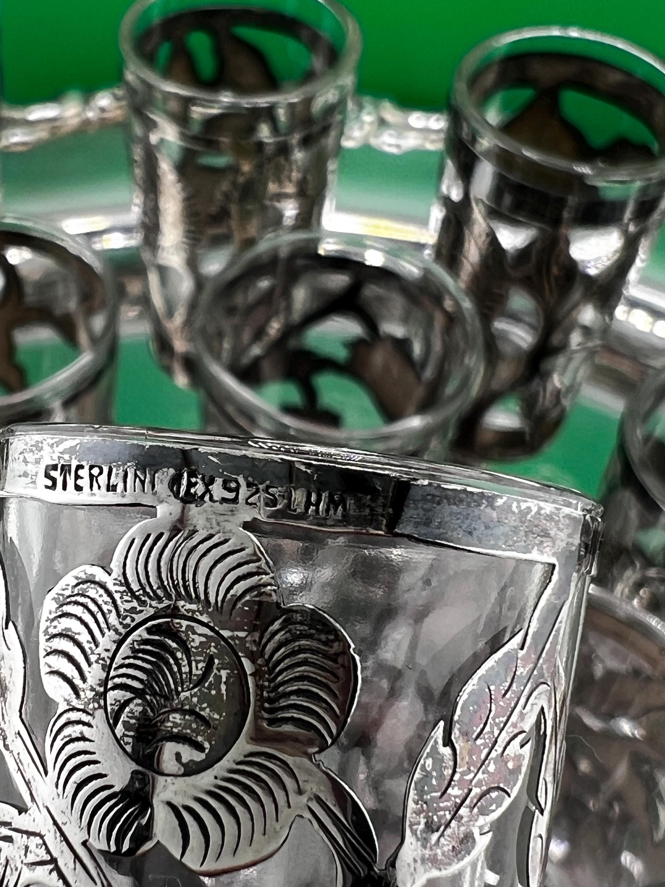 15 Pc Sterling Silver Cordial Glass Set 13 Cordials 925 + Salt Pepper Overlay Floral Cutwork Vintage Mid Century Barware shot glasses