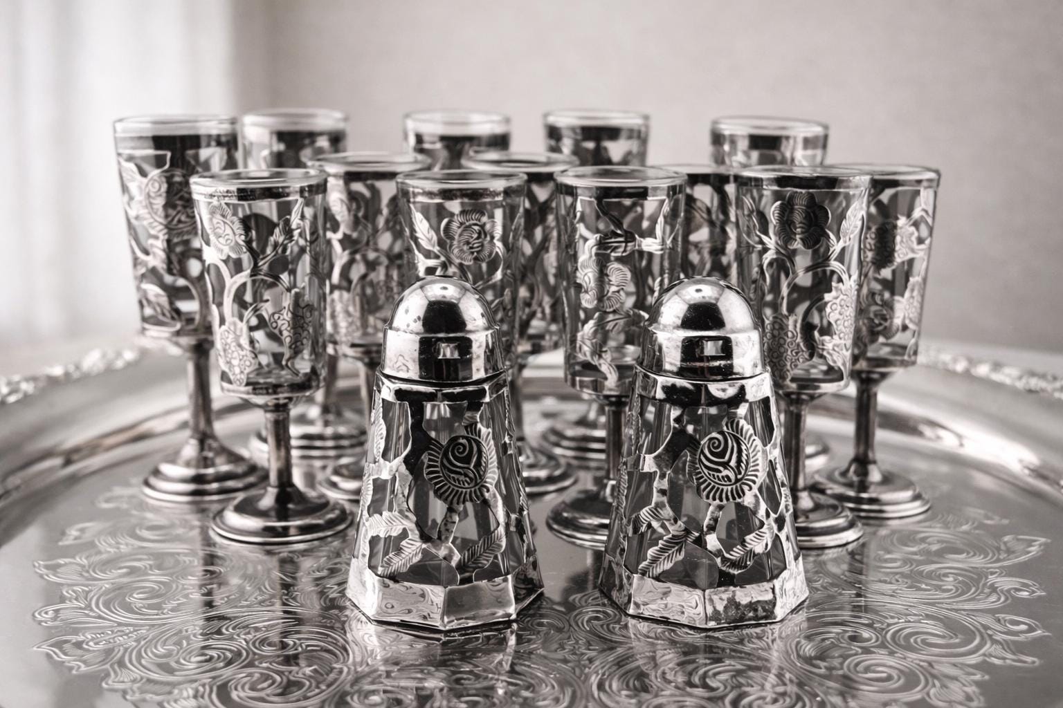 15 Pc Sterling Silver Cordial Glass Set 13 Cordials 925 + Salt Pepper Overlay Floral Cutwork Vintage Mid Century Barware shot glasses
