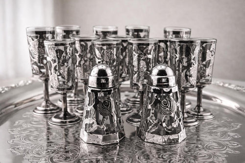 15 Pc Sterling Silver Cordial Glass Set 13 Cordials 925 + Salt Pepper Overlay Floral Cutwork Vintage Mid Century Barware shot glasses