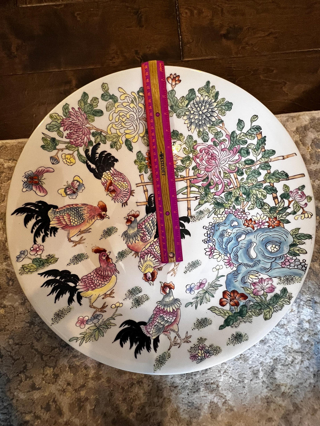 Large Chinoiserie Rooster Statement Plate 18” Hand Painted Chinese Porcelain Chrysanthemum Garden Wall Decor Vintage Asian Decorativ