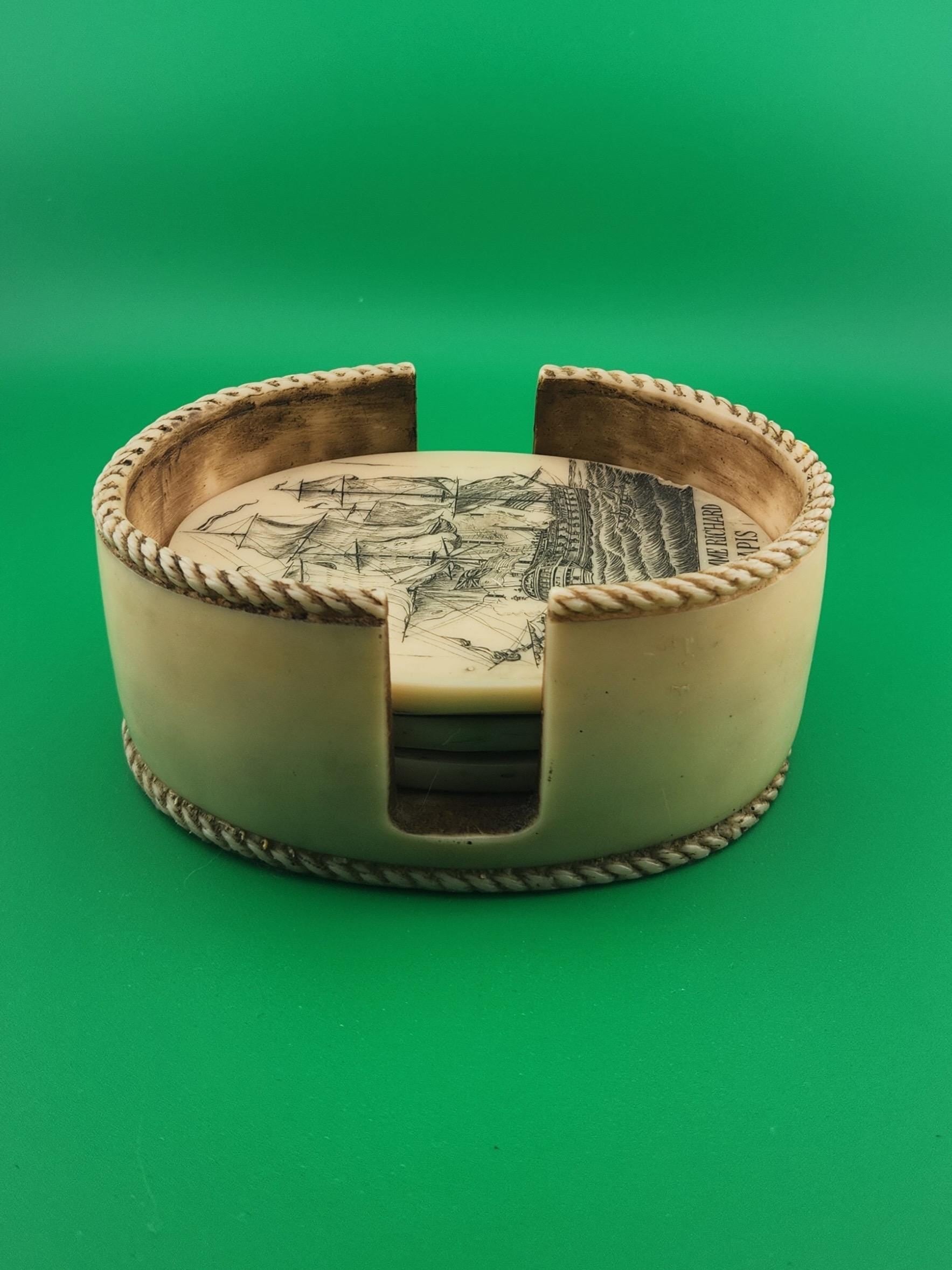 Vintage Nautical Scrimshaw Style Coaster Set | Sailing Ship Coasters with Holder | Maritime Naval Decor | Ship Engraved Drink Coasters