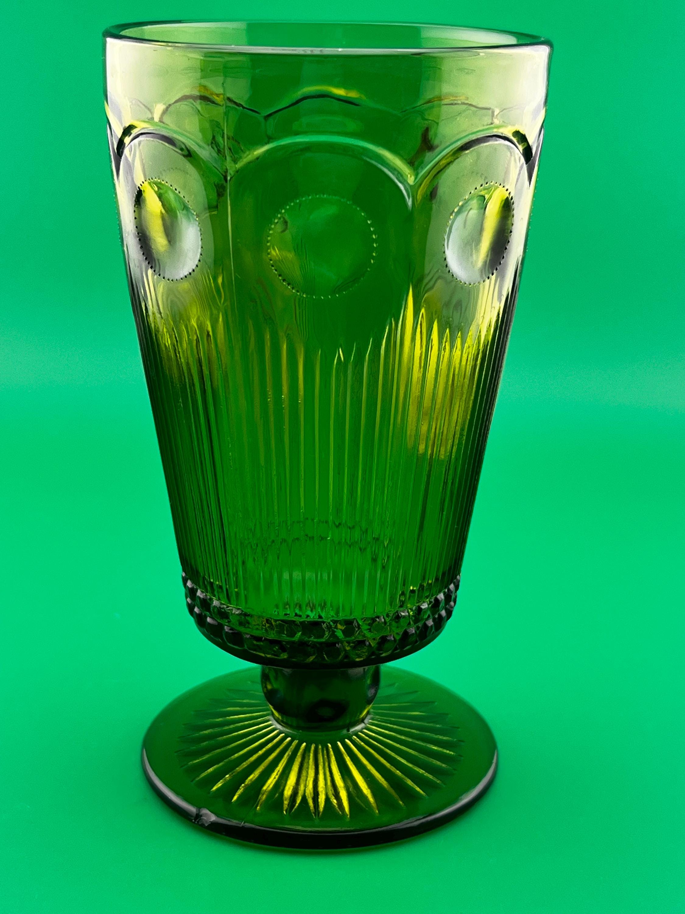 Vintage Emerald Green Pedestal Vase Coin Dot Glass Compote Mid Century Indiana Glass Style 6”