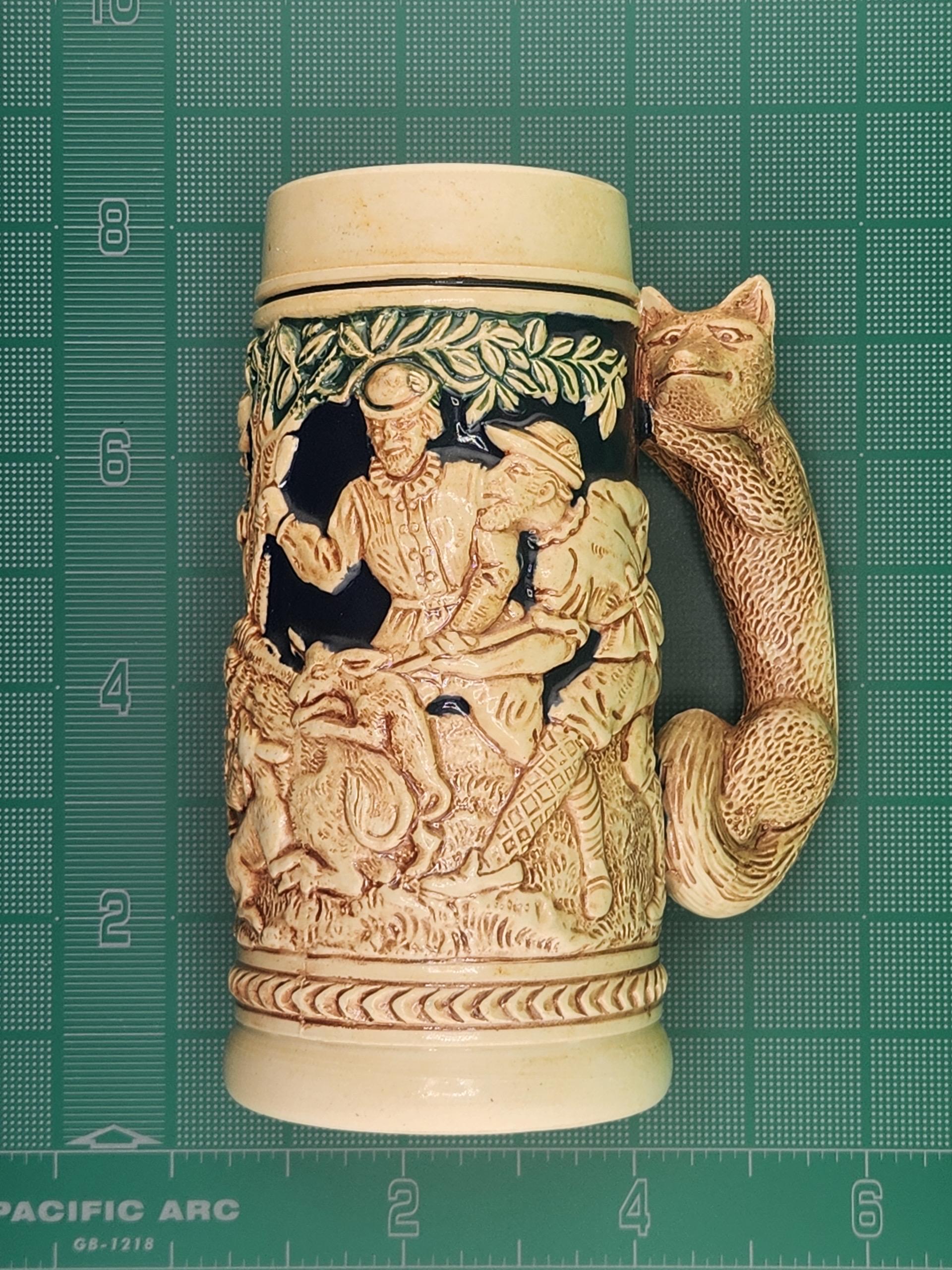 Vintage German Beer Stein With Fox Handle Relief Scene Made in Germany Mid 20th Century