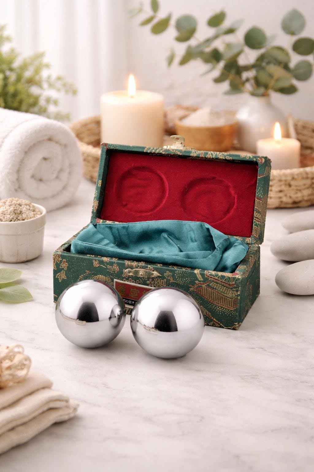 Traditional Chinese Baoding Health Spheres with Silk Brocade Presentation Box