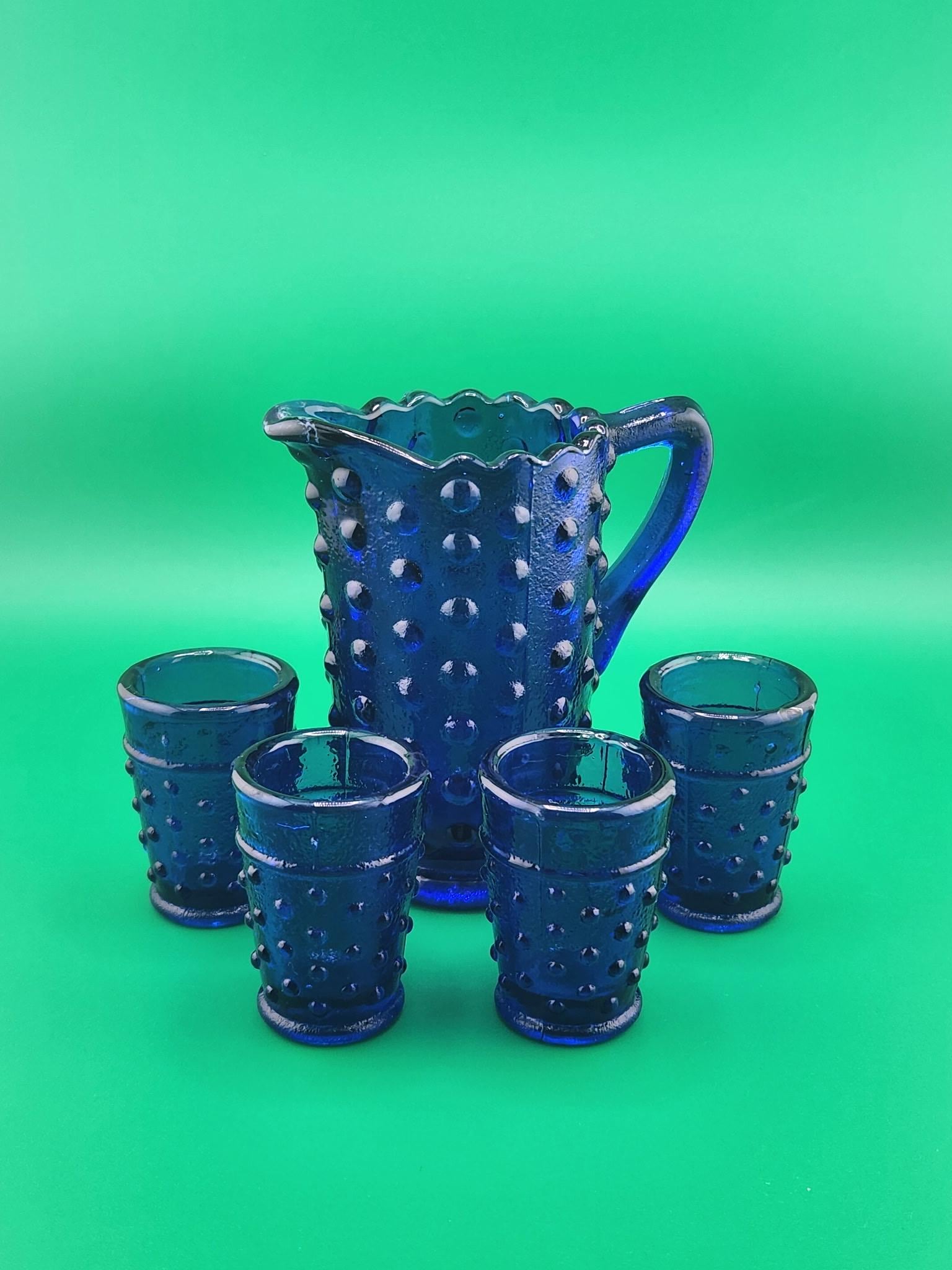 Vintage Cobalt Blue Hobnail Glass Pitcher with Four Aperitif Glasses