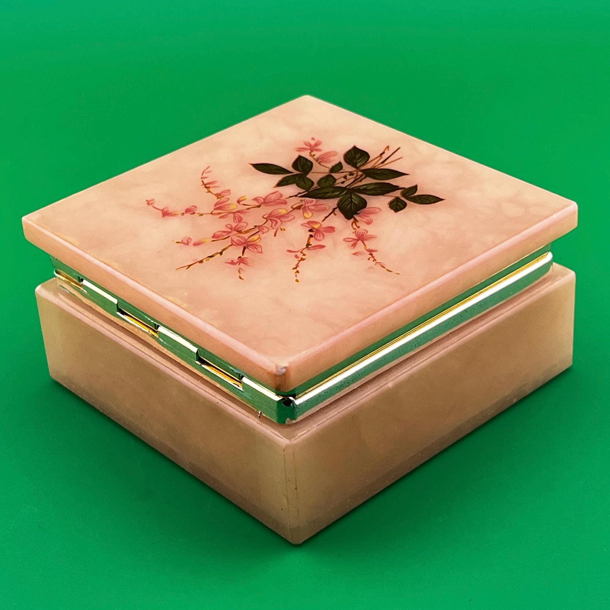 Vintage Italian Alabaster Trinket Box Hand Painted Floral Jewelry Box Volterra Stone 3”