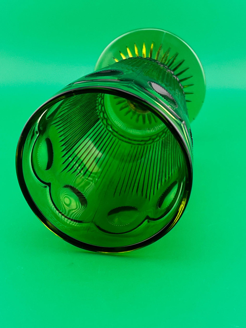 Vintage Emerald Green Pedestal Vase Coin Dot Glass Compote Mid Century Indiana Glass Style 6”