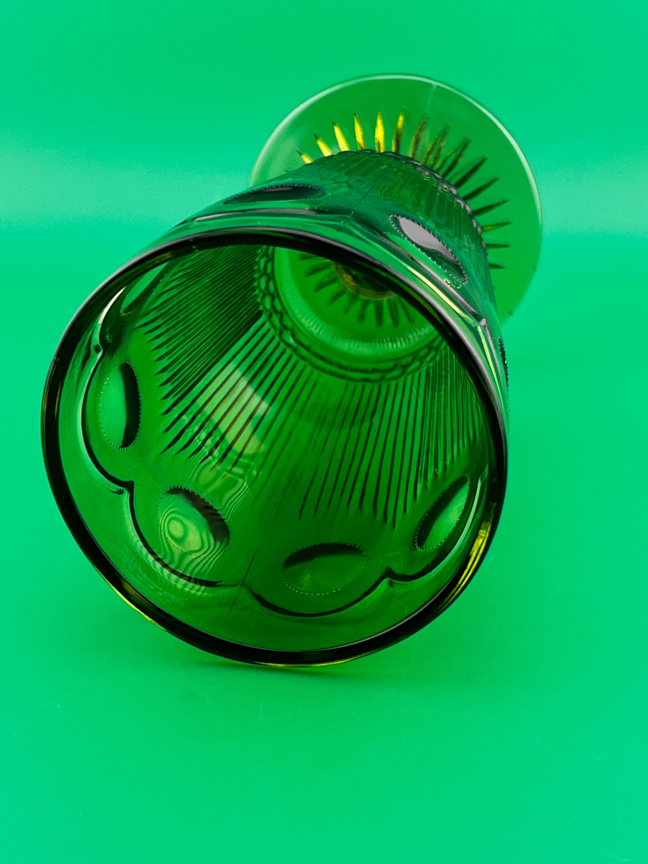 Vintage Emerald Green Pedestal Vase Coin Dot Glass Compote Mid Century Indiana Glass Style 6”