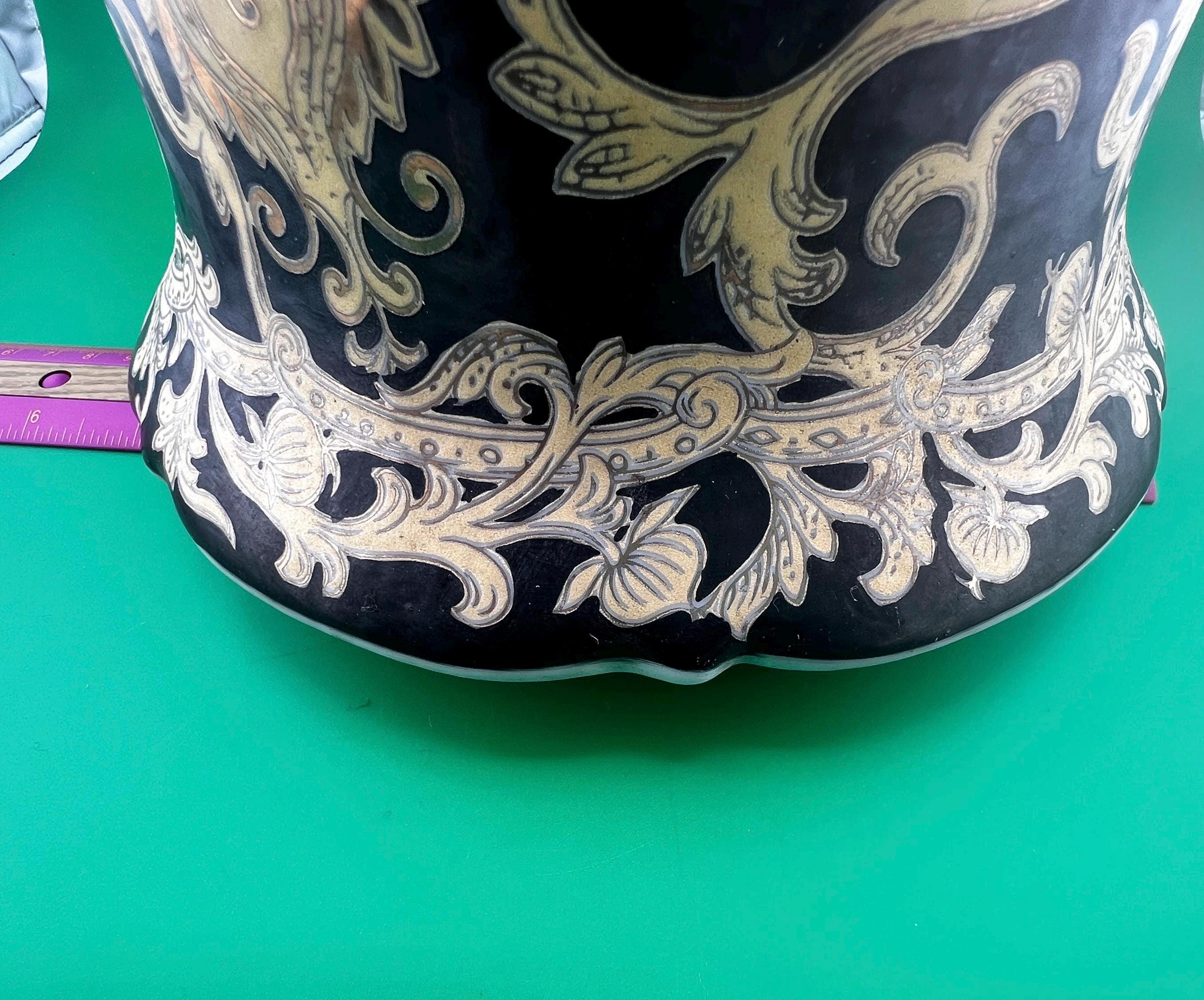 Vintage Baroque Black Gold Ornate Vase 10.5” | Hollywood Regency Florentine Scrollwork Ceramic Urn | Italian Style Decorative Statement Vase