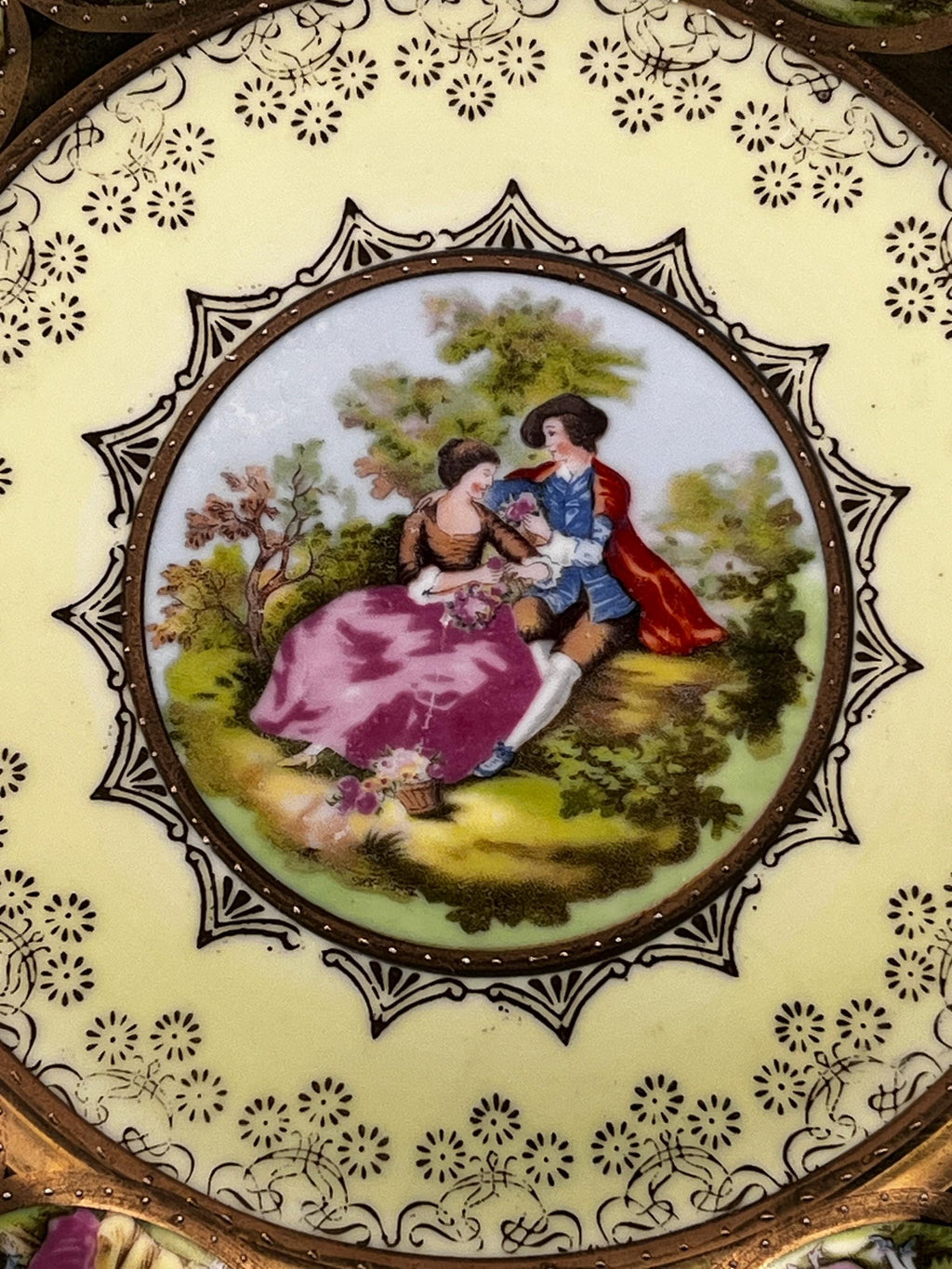 Antique Romantic Courting Scene Porcelain Cabinet Plate 9” Gold Gilt Victorian Style Courting Couples Decorative Plate Vintage European