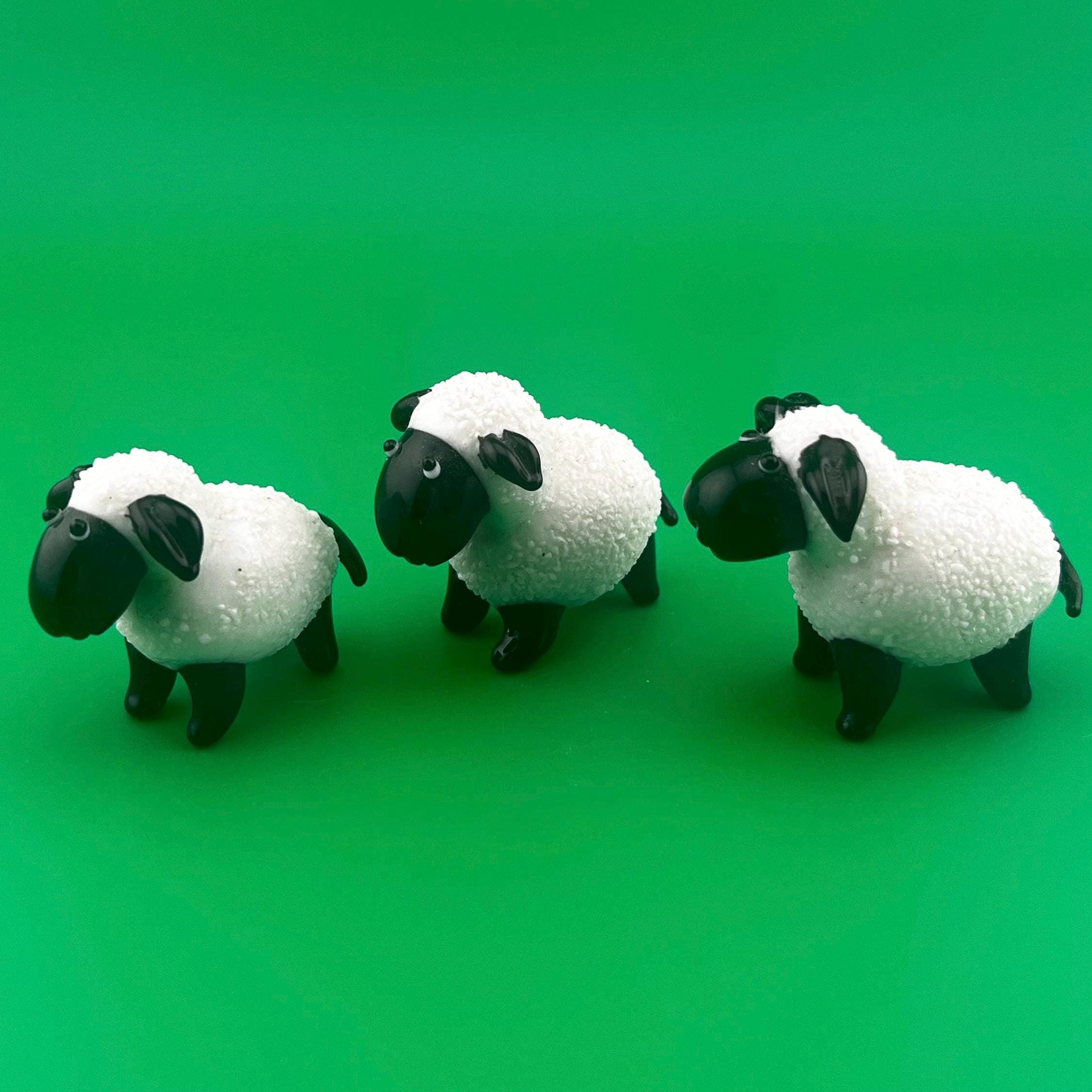 Vintage Hand Blown Glass Sheep Figurines Set of 3 | Black & White Art Glass Lambs | Farmhouse Cottage Decor