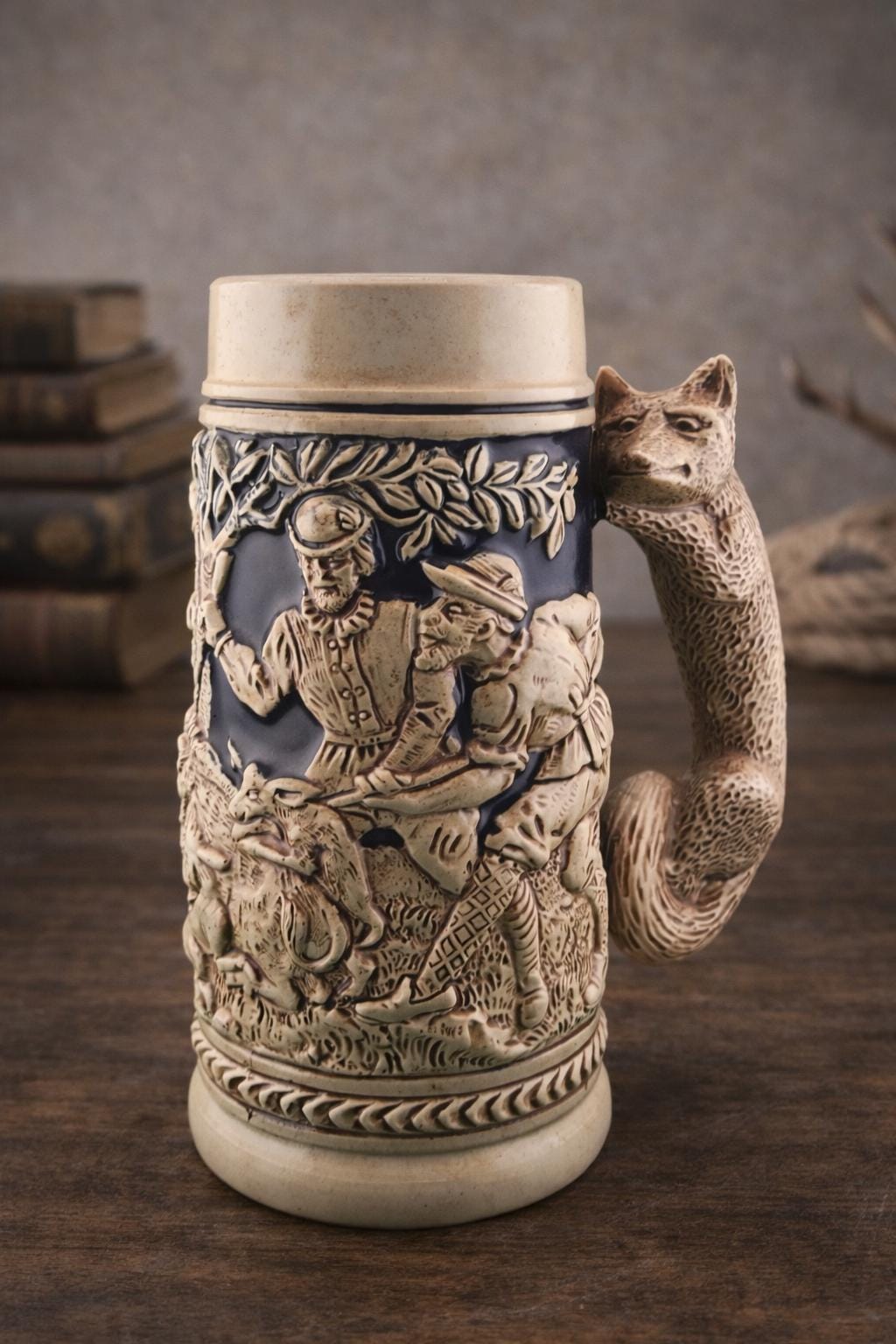 Vintage German Beer Stein With Fox Handle Relief Scene Made in Germany Mid 20th Century
