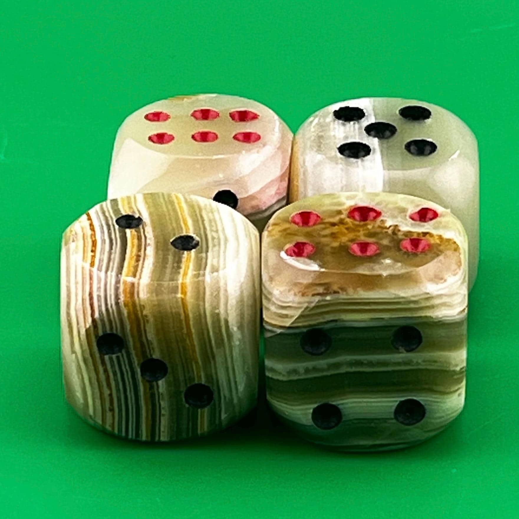 Vintage Banded Onyx Stone Dice Set – Hand Carved 1” Dice – Natural Stone Gaming Dice – Mid Century Game Decor – Set of 4