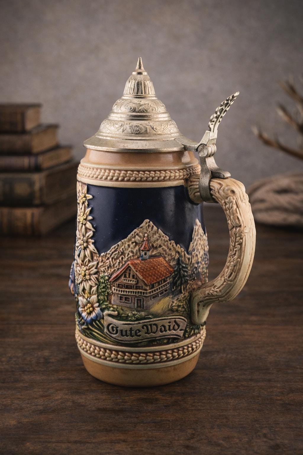 Vintage Gerz West Germany Lidded Beer Stein Alpine Scene Mid 20th Century