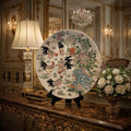 Large Chinoiserie Rooster Statement Plate 18” Hand Painted Chinese Porcelain Chrysanthemum Garden Wall Decor Vintage Asian Decorativ