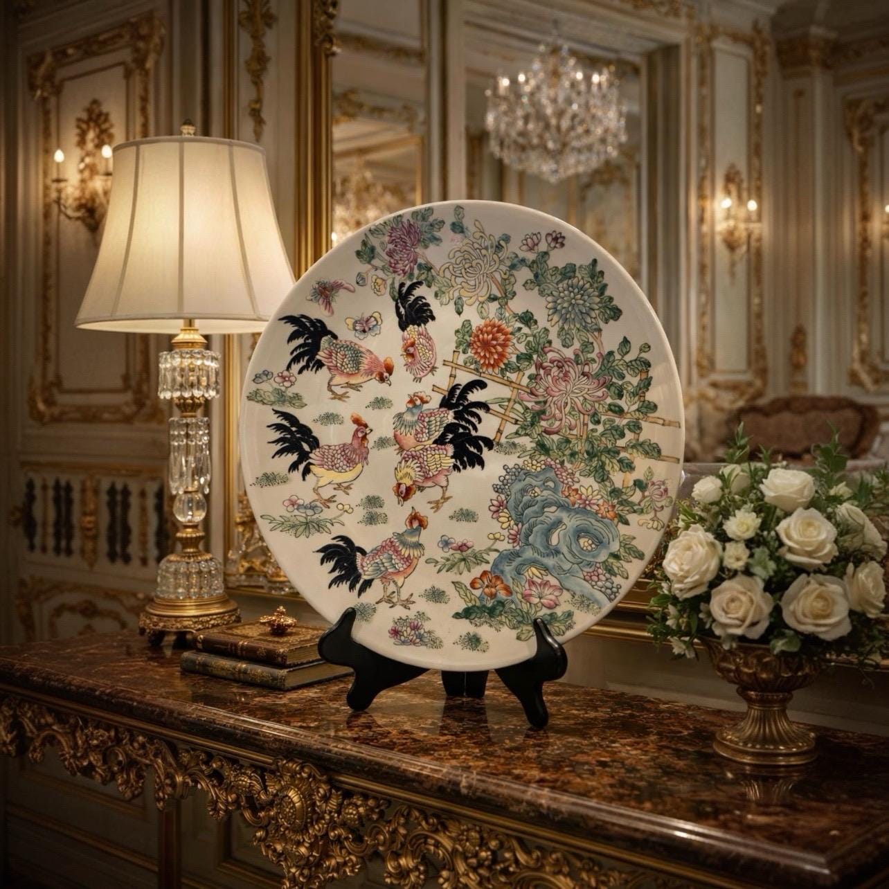 Large Chinoiserie Rooster Statement Plate 18” Hand Painted Chinese Porcelain Chrysanthemum Garden Wall Decor Vintage Asian Decorativ