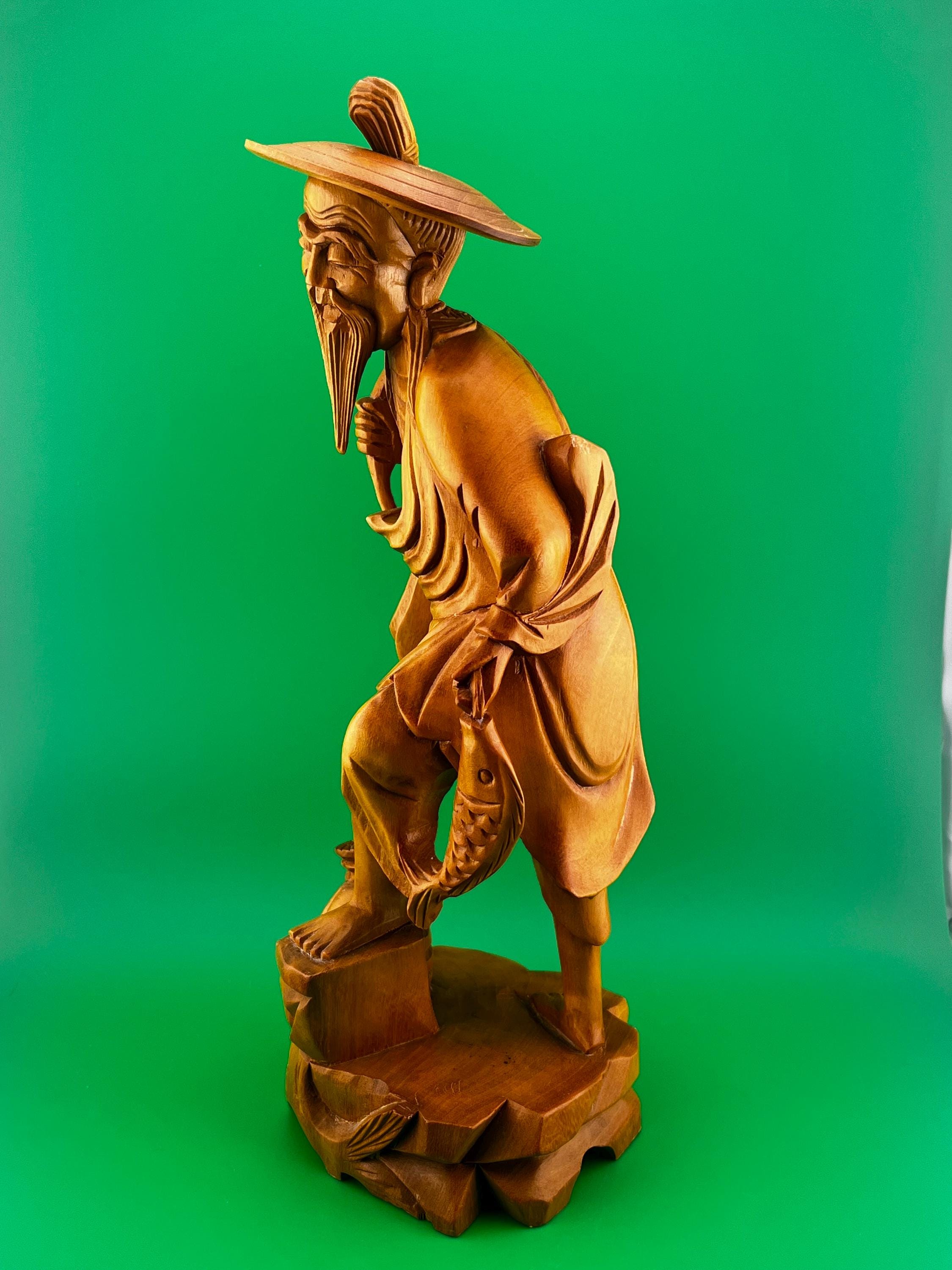 Vintage Hand Carved Asian Fisherman Wood Statue Sculpture 13” Tall Folk Art Oriental Figurine Rustic Decor