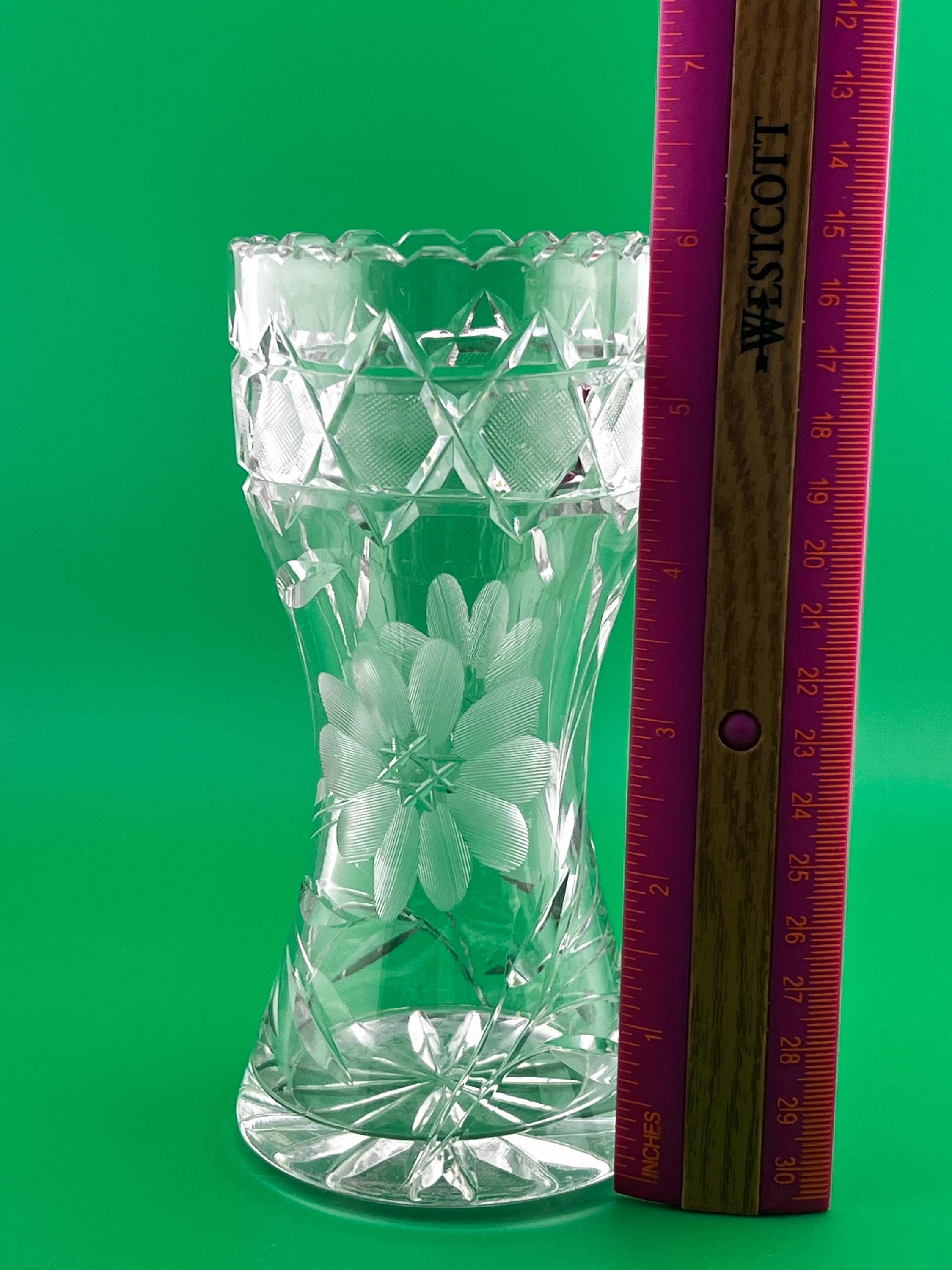 Vintage Bohemian Cut Crystal Vase Floral Engraved Crystal Vase 6” Czech Crystal