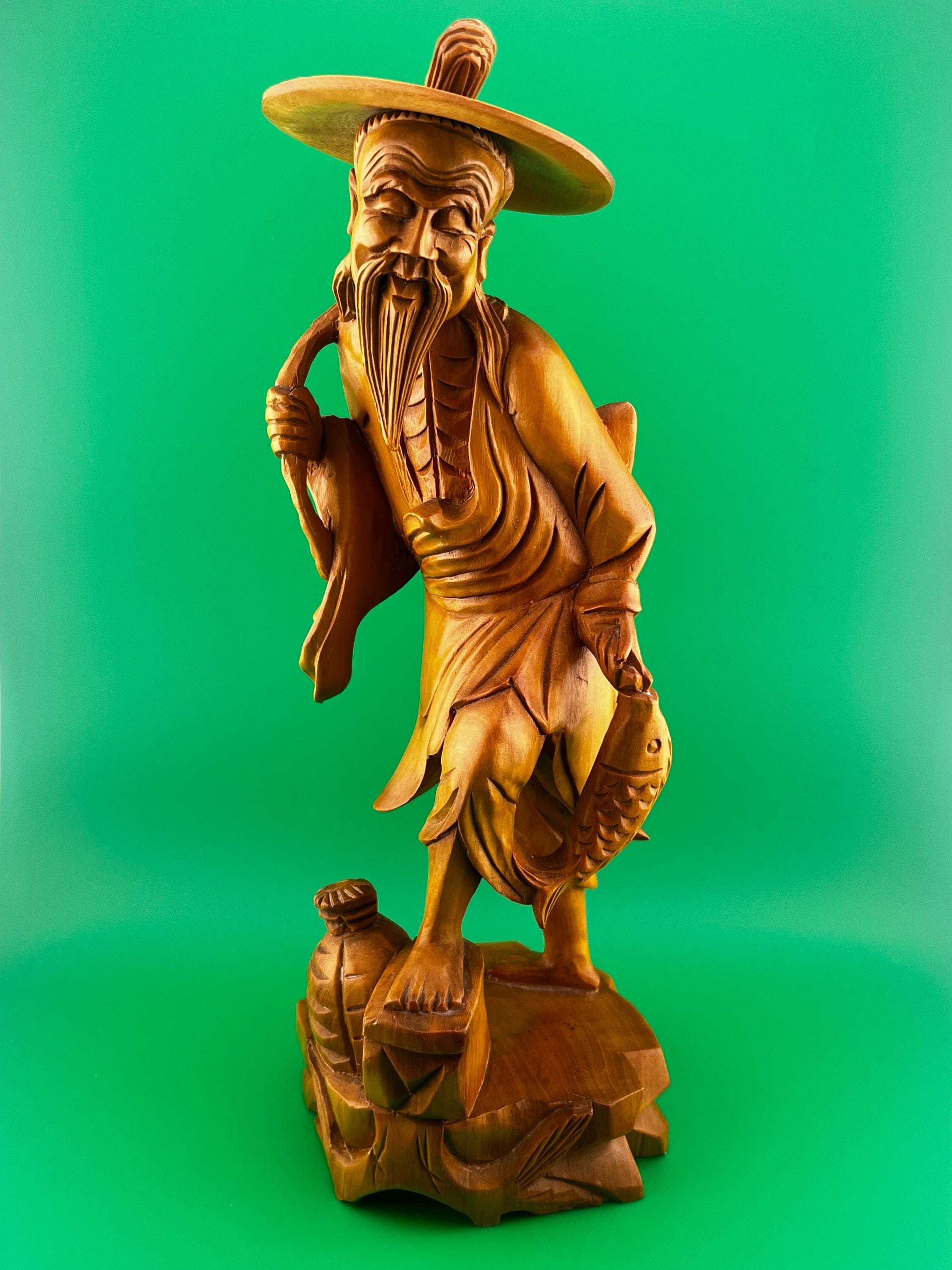 Vintage Hand Carved Asian Fisherman Wood Statue Sculpture 13” Tall Folk Art Oriental Figurine Rustic Decor