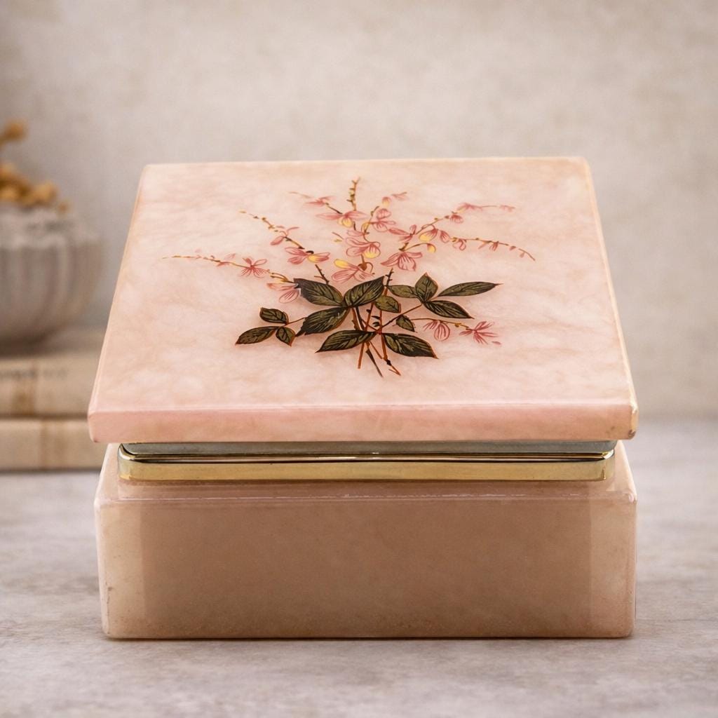 Vintage Italian Alabaster Trinket Box Hand Painted Floral Jewelry Box Volterra Stone 3”
