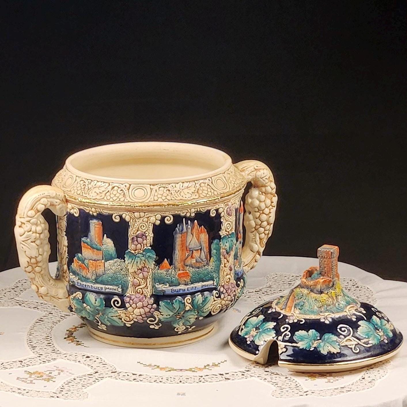 Vintage German Rhein Castle Punch Bowl Set w/ 8 Mugs | Cobalt Blue Relief Stein Set | Burg Eltz & Rhine Castle Scenes | West Germany Barware