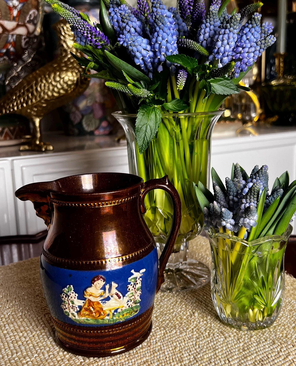 Antique Victorian Copper Luster Jug Pitcher | Staffordshire Relief Figural Creamer | Cobalt Blue Band | 19th Century English Lustreware