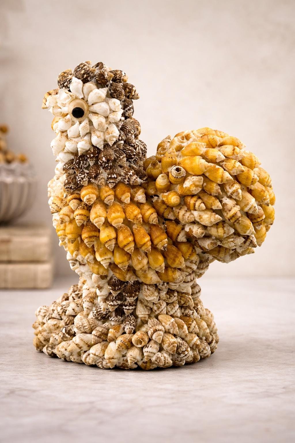 Vintage Seashell Rooster Sculpture | Handcrafted Shell Art Chicken Figurine | Coastal Folk Art Decor | Delightfully Trypophobia-Inducing