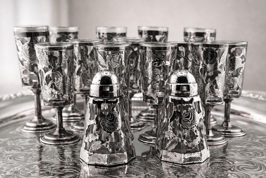 15 Pc Sterling Silver Cordial Glass Set 13 Cordials 925 + Salt Pepper Overlay Floral Cutwork Vintage Mid Century Barware shot glasses