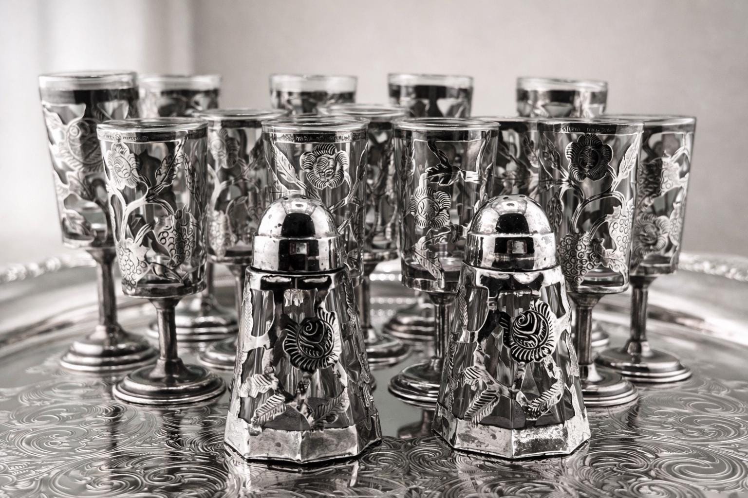 15 Pc Sterling Silver Cordial Glass Set 13 Cordials 925 + Salt Pepper Overlay Floral Cutwork Vintage Mid Century Barware shot glasses