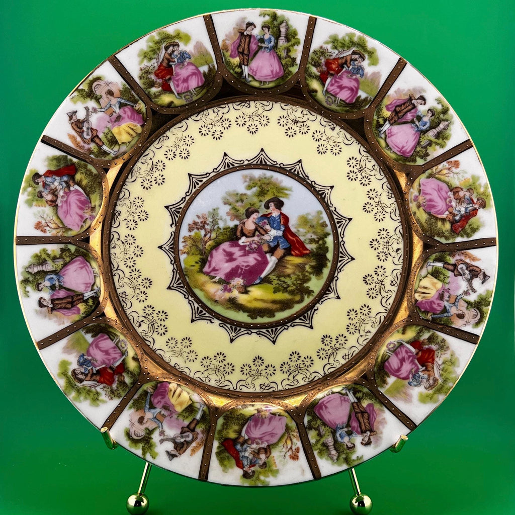Antique Romantic Courting Scene Porcelain Cabinet Plate 9” Gold Gilt Victorian Style Courting Couples Decorative Plate Vintage European