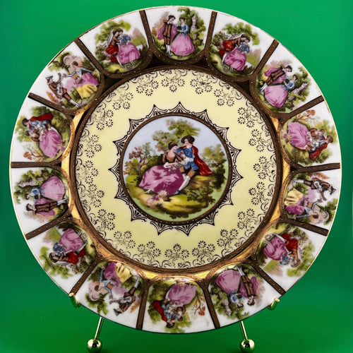 Antique Romantic Courting Scene Porcelain Cabinet Plate 9” Gold Gilt Victorian Style Courting Couples Decorative Plate Vintage European