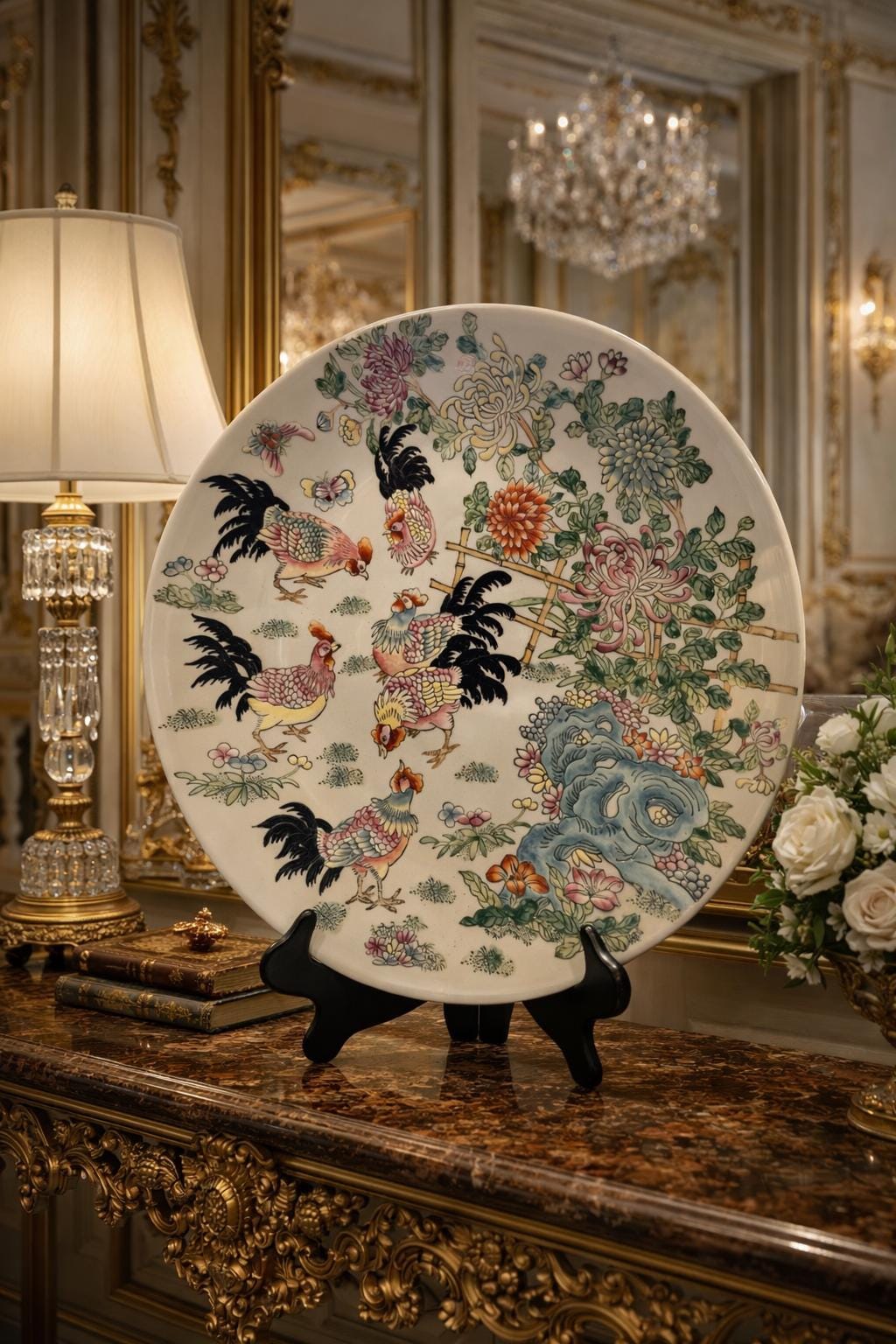 Large Chinoiserie Rooster Statement Plate 18” Hand Painted Chinese Porcelain Chrysanthemum Garden Wall Decor Vintage Asian Decorativ