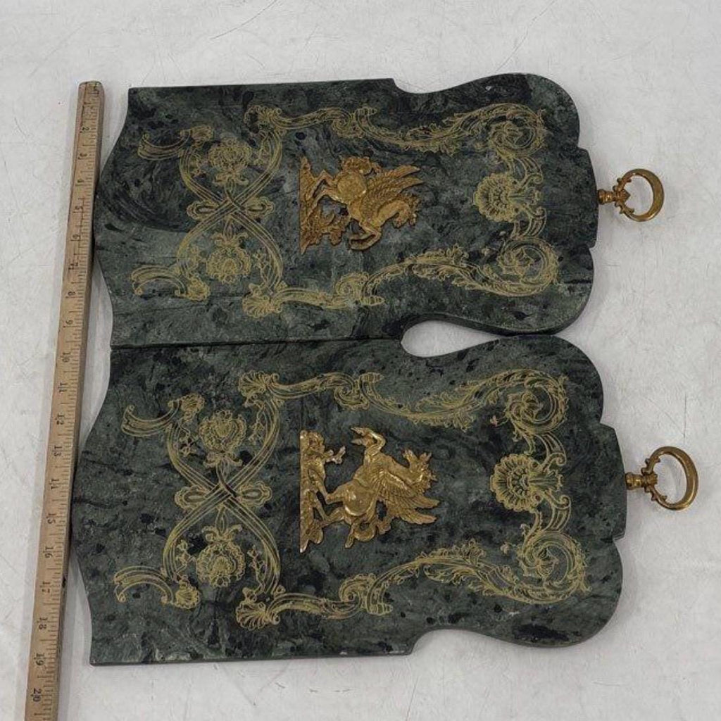 Large Vintage Palladio Florentine Scagliola & Brass Pegasus Wall Plaques Pair Italian Gold Gilt Baroque Mythological Panels 18.5”