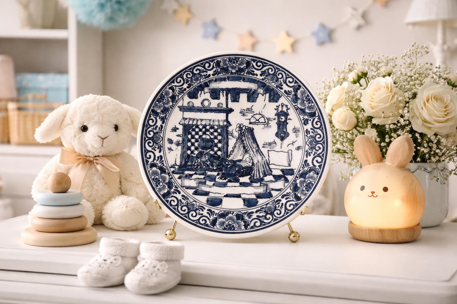Delft Blue Baby Birth Plate Hand Painted Holland Delft Blauw Nursery Wall Plate Dutch Baby Name Date Plate