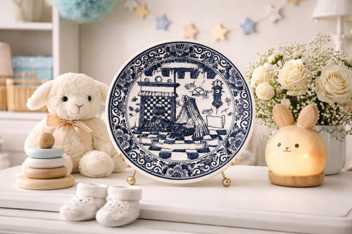 Delft Blue Baby Birth Plate Hand Painted Holland Delft Blauw Nursery Wall Plate Dutch Baby Name Date Plate