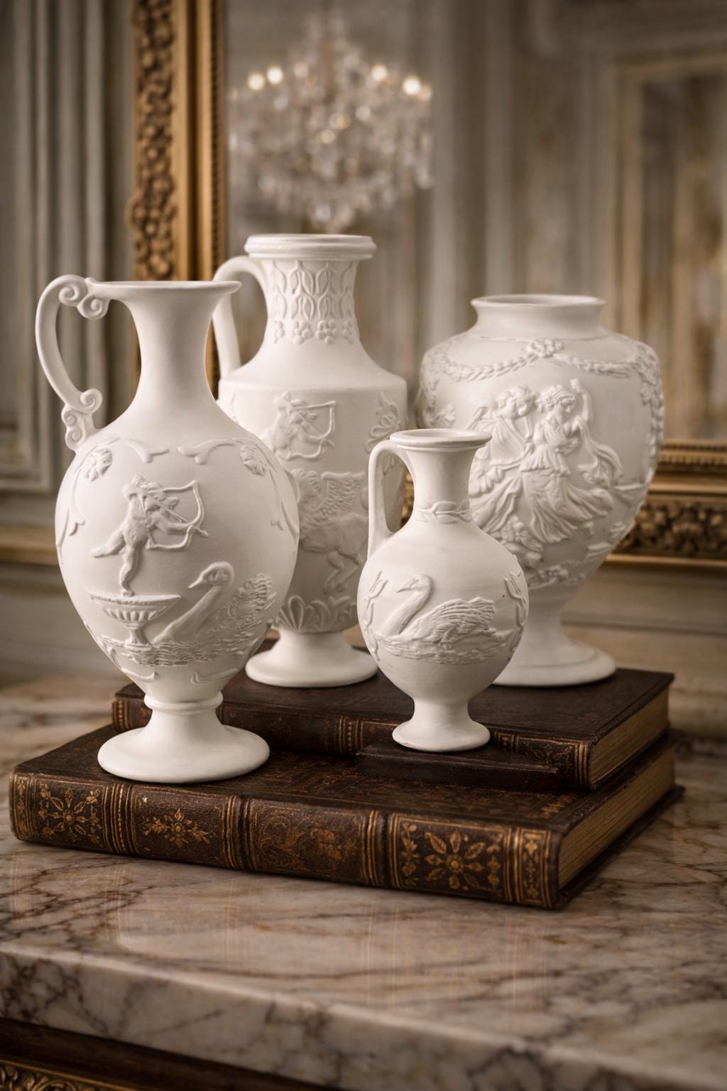 Vintage Bisque Porcelain Neoclassical Vase Cupid Pegasus Relief Matte White Greek Mythology Decor