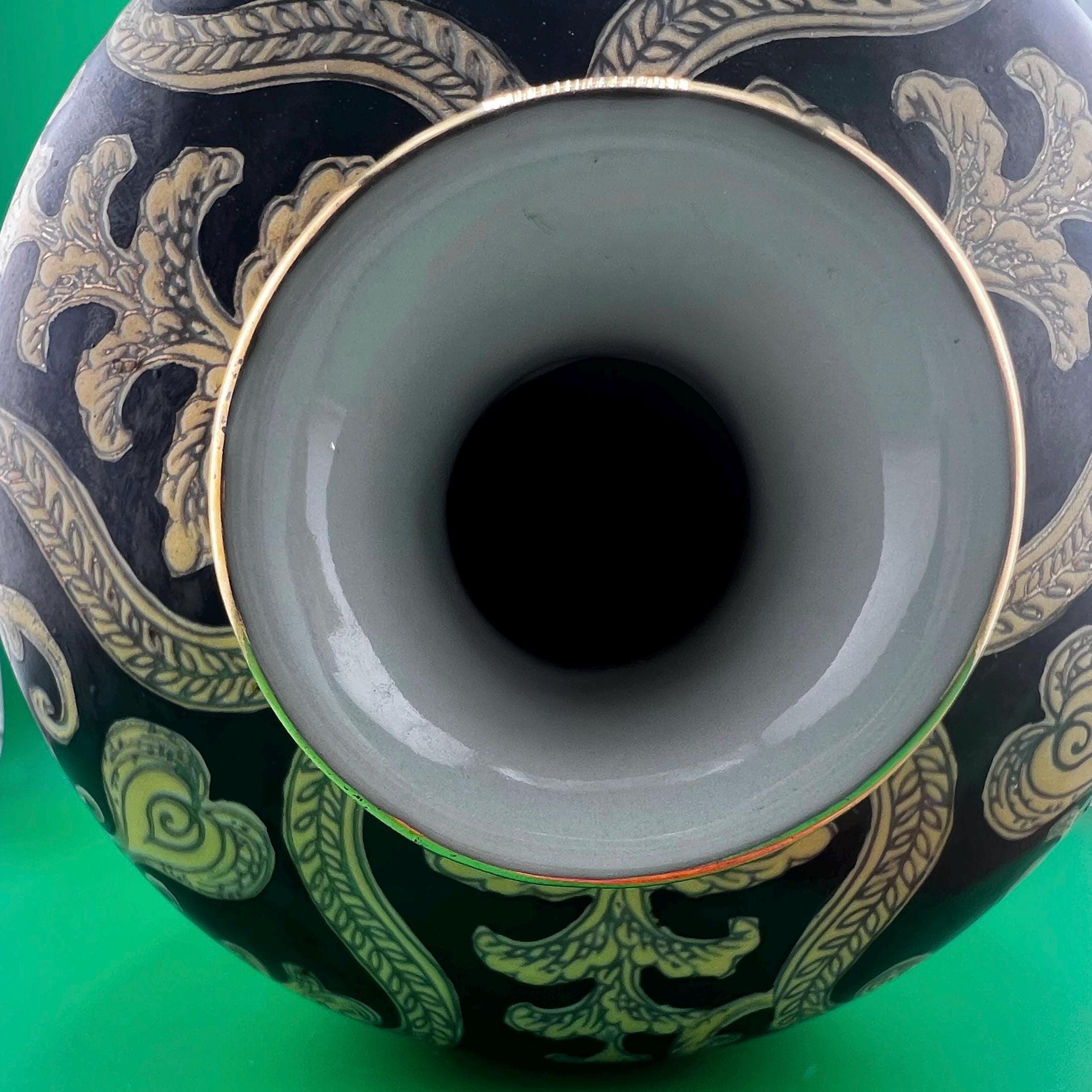 Vintage Baroque Black Gold Ornate Vase 10.5” | Hollywood Regency Florentine Scrollwork Ceramic Urn | Italian Style Decorative Statement Vase