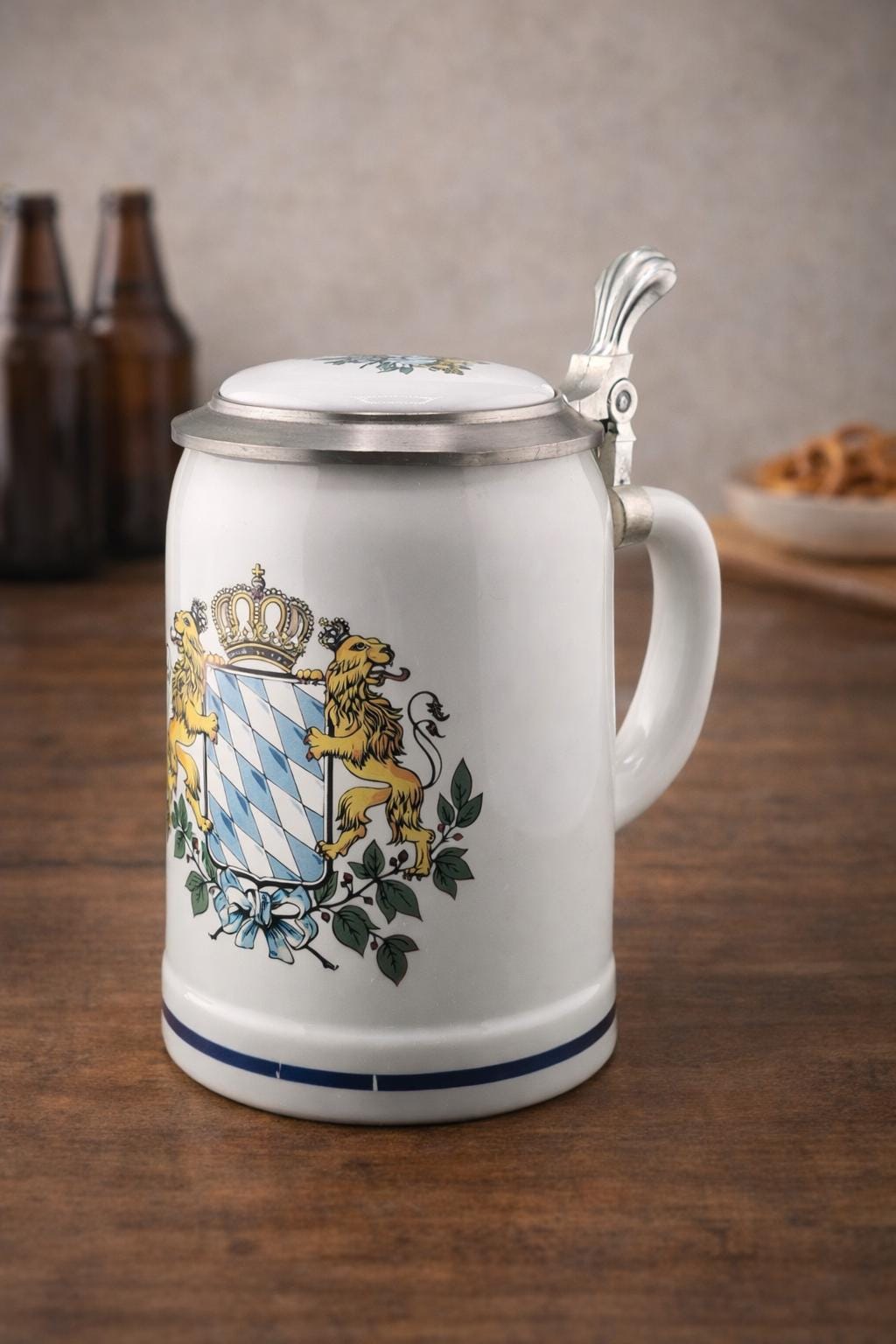 Vintage German Beer Stein: Bavarian Coat of Arms, Pewter Lid, West Germany 1960s