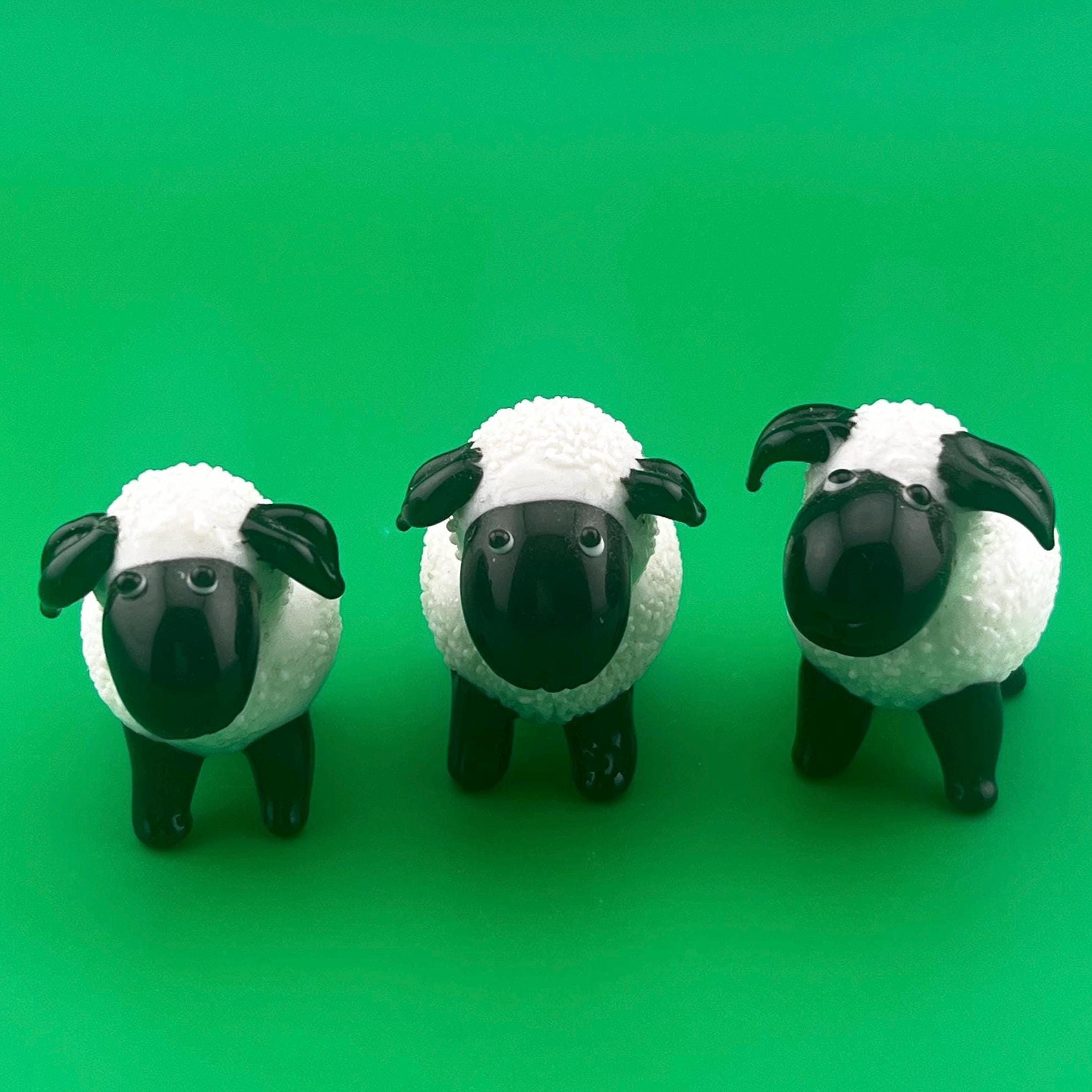 Vintage Hand Blown Glass Sheep Figurines Set of 3 | Black & White Art Glass Lambs | Farmhouse Cottage Decor