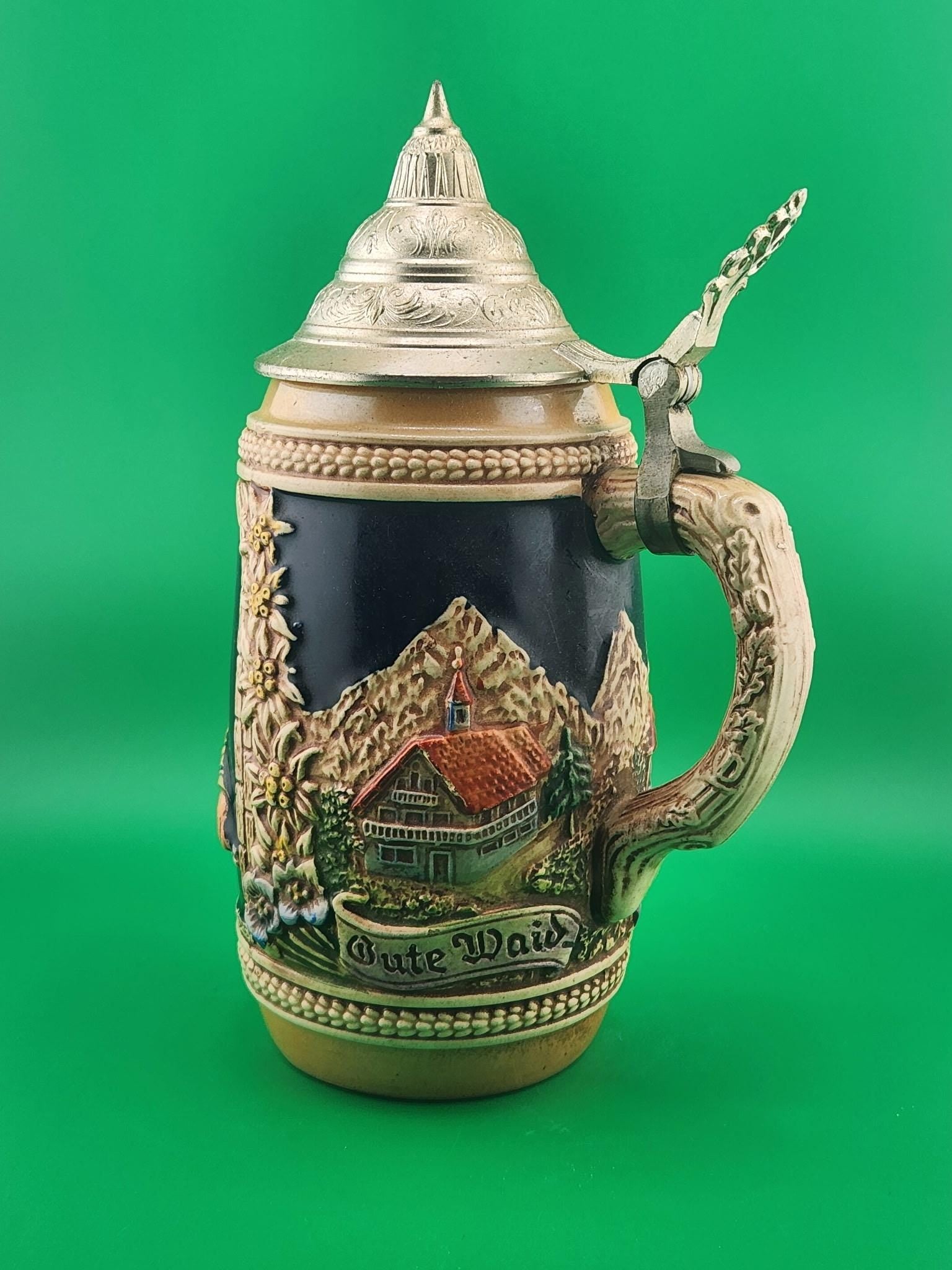 Vintage Gerz West Germany Lidded Beer Stein Alpine Scene Mid 20th Century