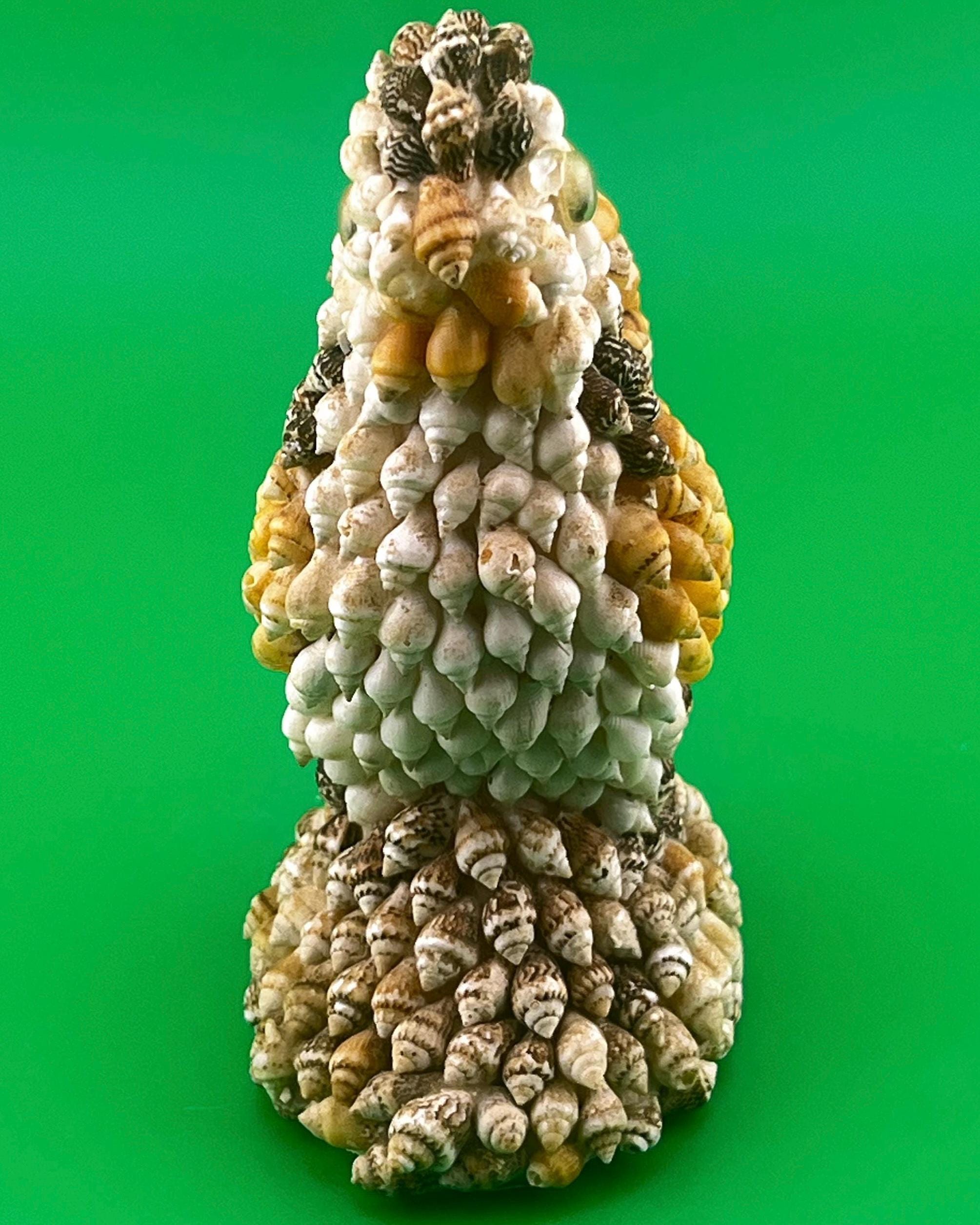 Vintage Seashell Rooster Sculpture | Handcrafted Shell Art Chicken Figurine | Coastal Folk Art Decor | Delightfully Trypophobia-Inducing