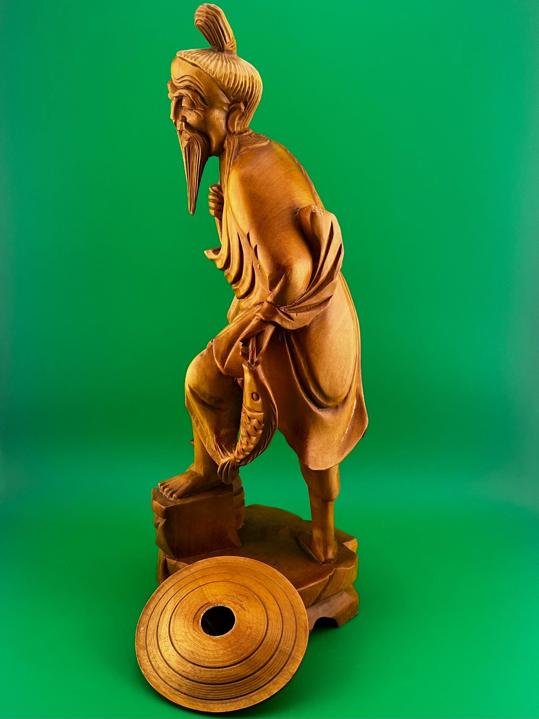 Vintage Hand Carved Asian Fisherman Wood Statue Sculpture 13” Tall Folk Art Oriental Figurine Rustic Decor