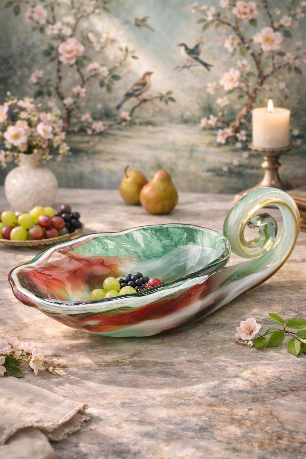 Vintage Murano Style Art Glass Cornucopia Bowl – Hand Blown Swirl Glass – Mid Century Modern Decorative Dish – Sculptural Glass Centerpiece