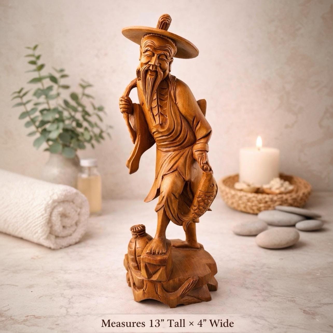 Vintage Hand Carved Asian Fisherman Wood Statue Sculpture 13” Tall Folk Art Oriental Figurine Rustic Decor