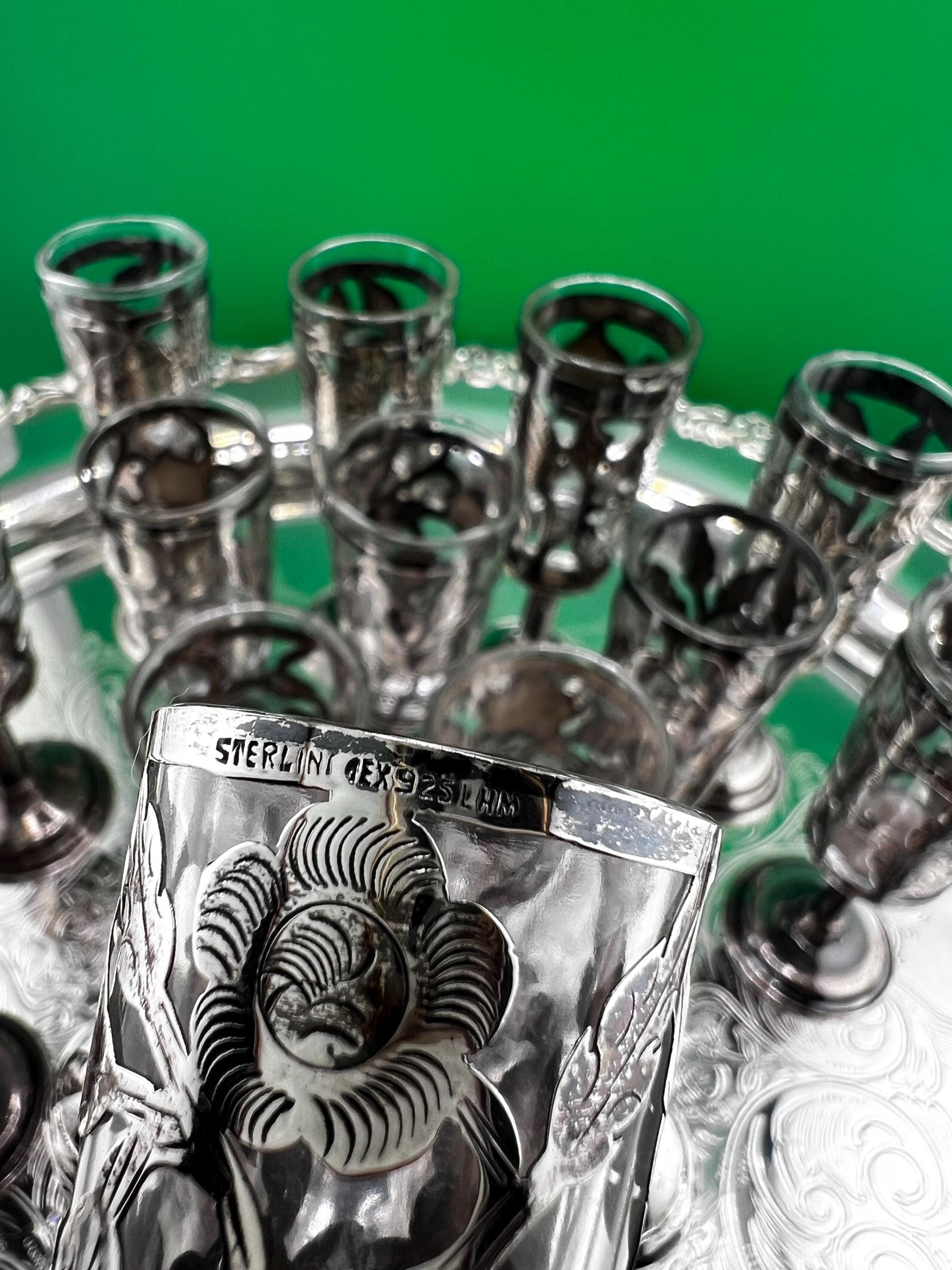 15 Pc Sterling Silver Cordial Glass Set 13 Cordials 925 + Salt Pepper Overlay Floral Cutwork Vintage Mid Century Barware shot glasses