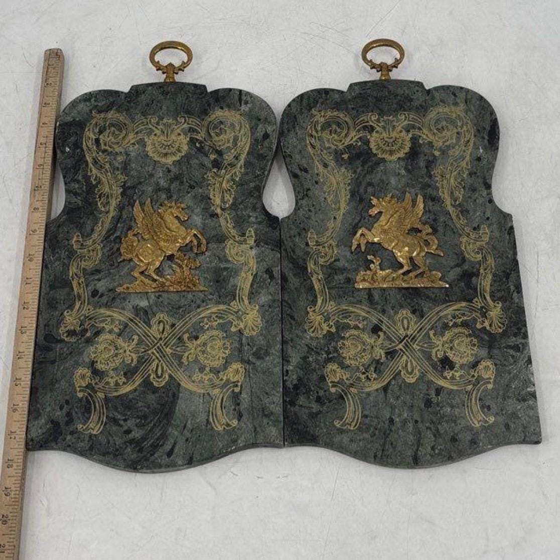 Large Vintage Palladio Florentine Scagliola & Brass Pegasus Wall Plaques Pair Italian Gold Gilt Baroque Mythological Panels 18.5”