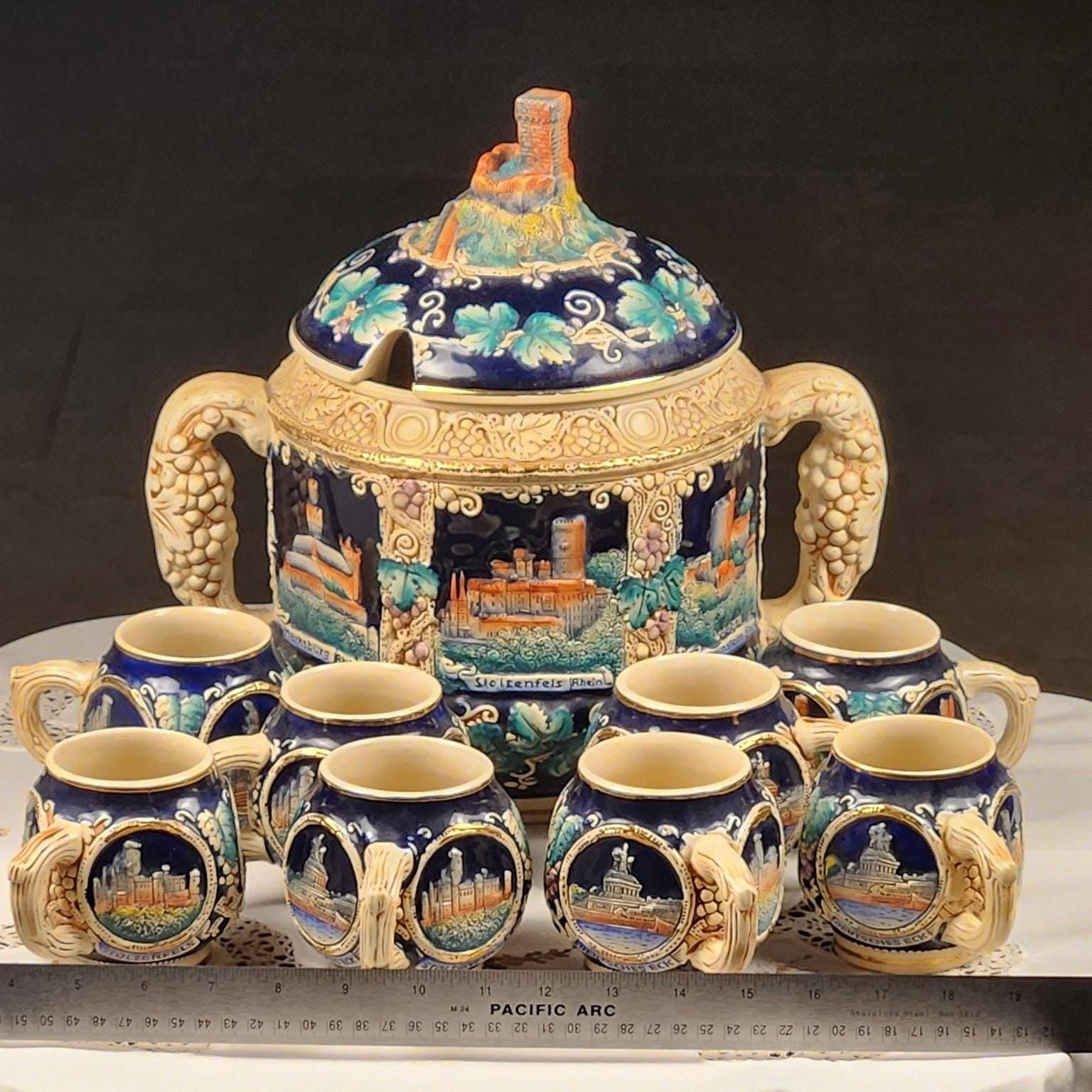 Vintage German Rhein Castle Punch Bowl Set w/ 8 Mugs | Cobalt Blue Relief Stein Set | Burg Eltz & Rhine Castle Scenes | West Germany Barware